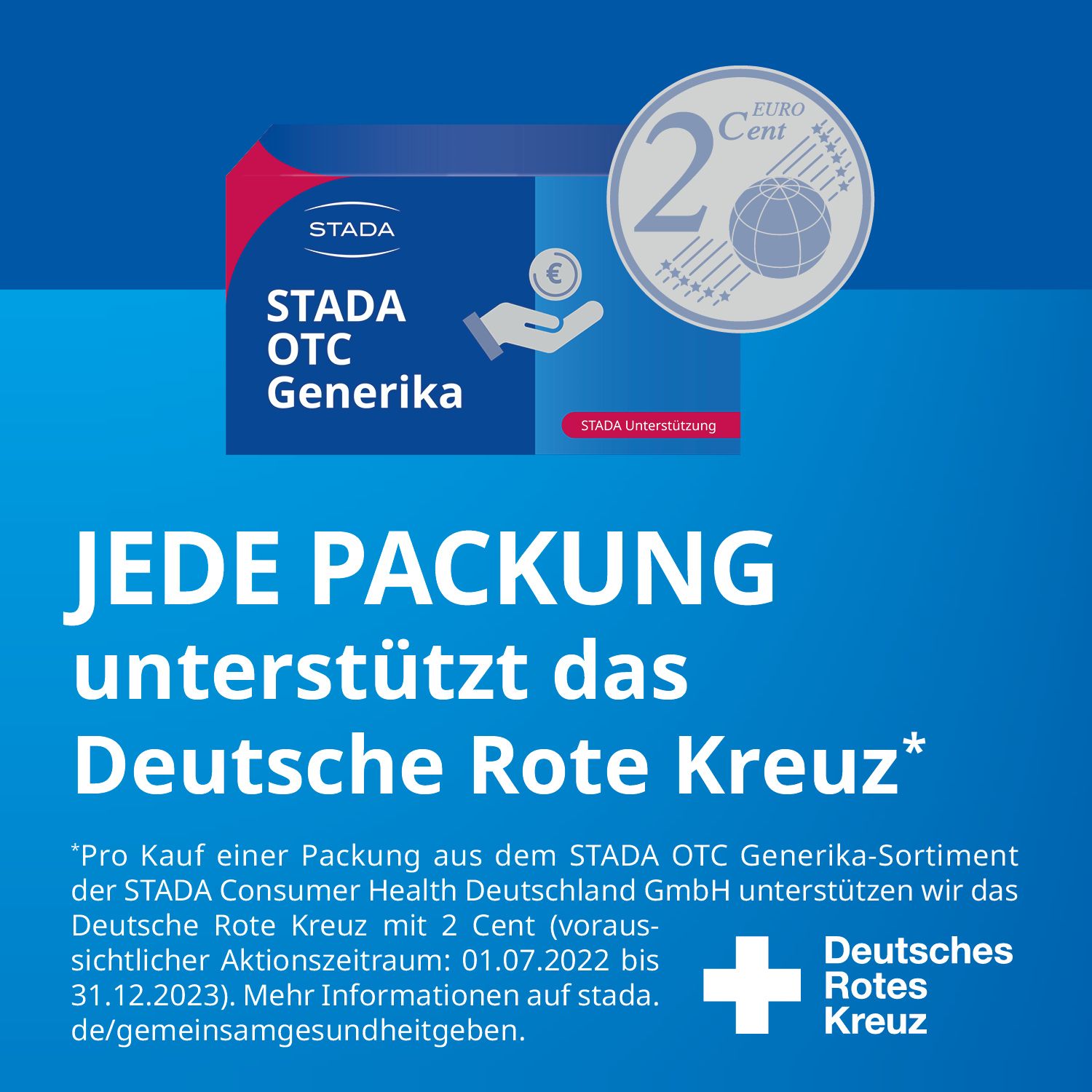 Werbebild für STADA OTC Generika. Logo, 2-Cent-Münze, Deutsches Rotes Kreuz. Text: Jede Packung unterstützt das Deutsche Rote Kreuz.