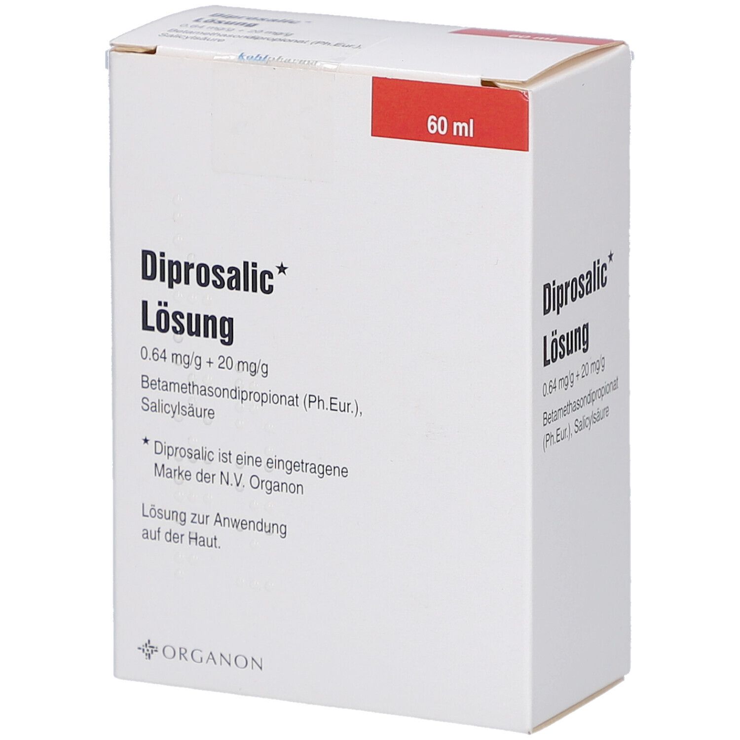 Weiße Faltschachtel mit rotem Deckel. Aufdruck: Diprosalic Lösung, 0,64 mg/g + 20 mg/g. Organon Logo.