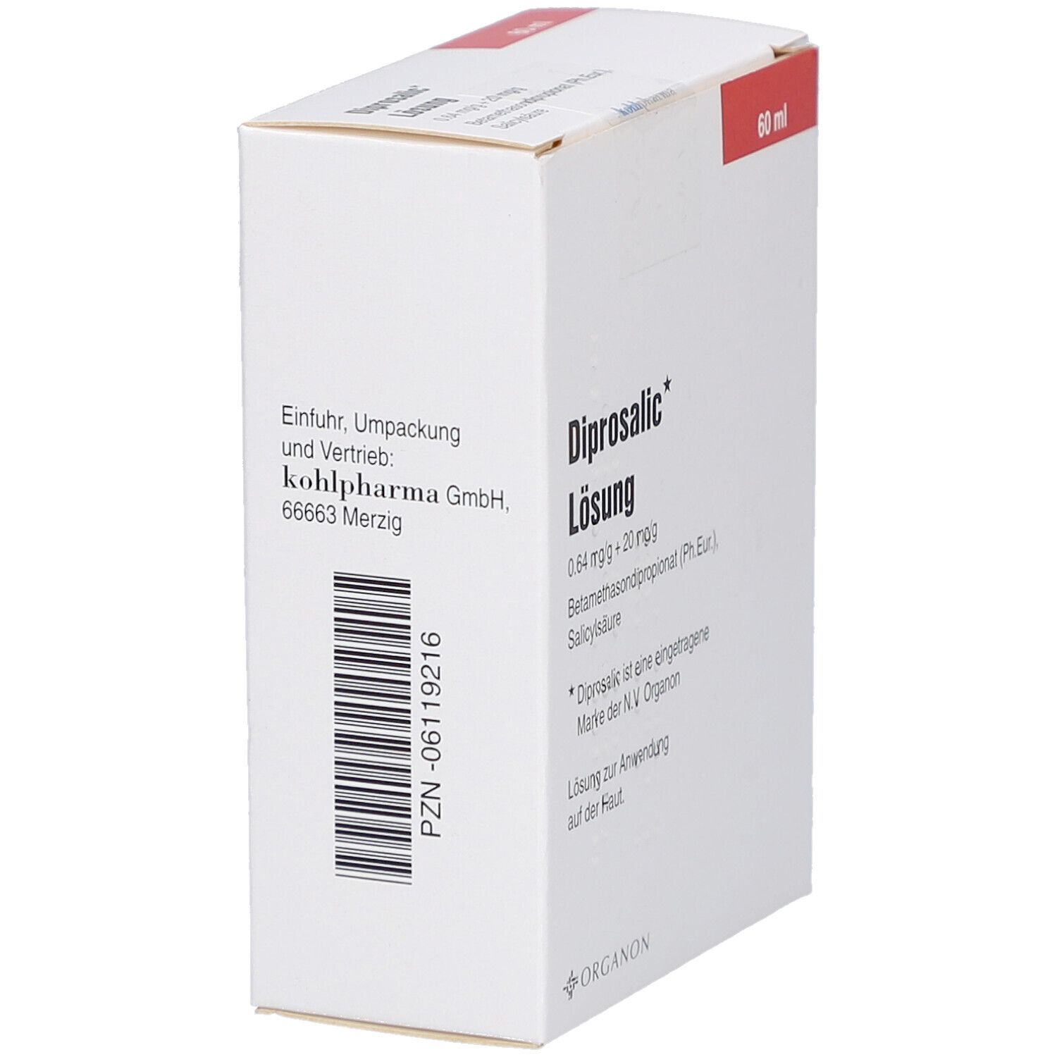 Weiße Faltschachtel mit rotem Deckel. Aufdruck: Diprosalic Lösung, 0,64 mg/g + 20 mg/g. Barcode und Kohlpharma GmbH.