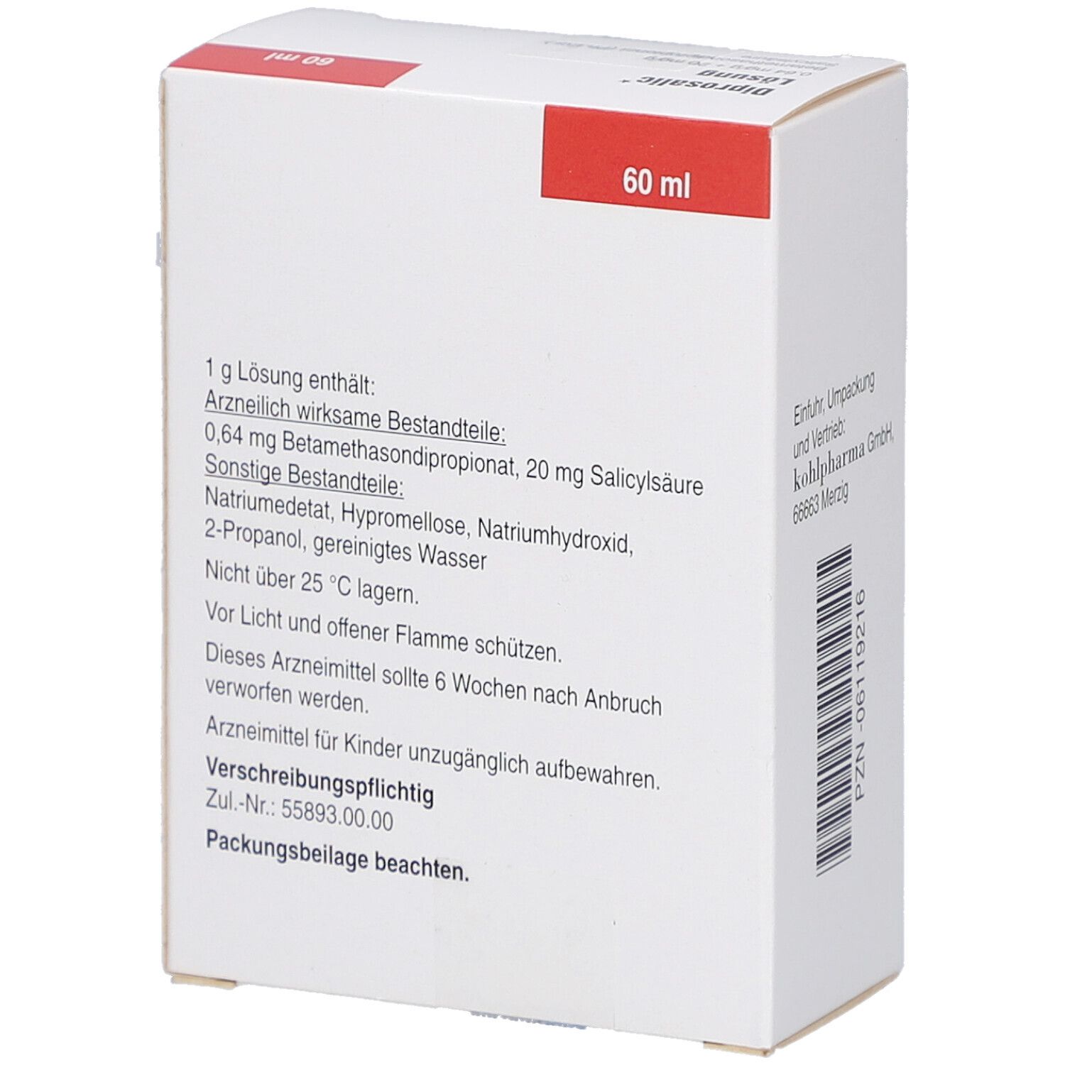 Weiße Faltschachtel mit rotem Deckel. Rückseite mit Inhaltsstoffen und Warnhinweisen. PZN-Nummer.