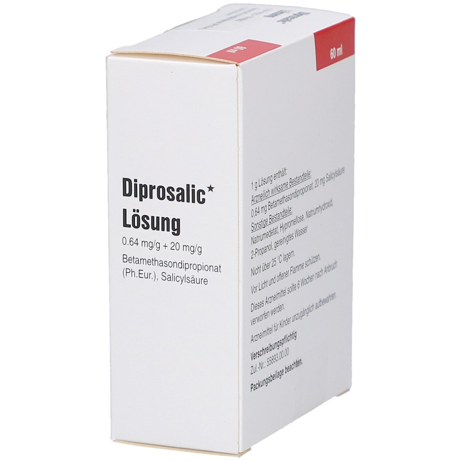 Weiße Faltschachtel mit rotem Deckel. Aufdruck: Diprosalic Lösung, 0,64 mg/g + 20 mg/g. Inhaltsstoffe auf der Rückseite.