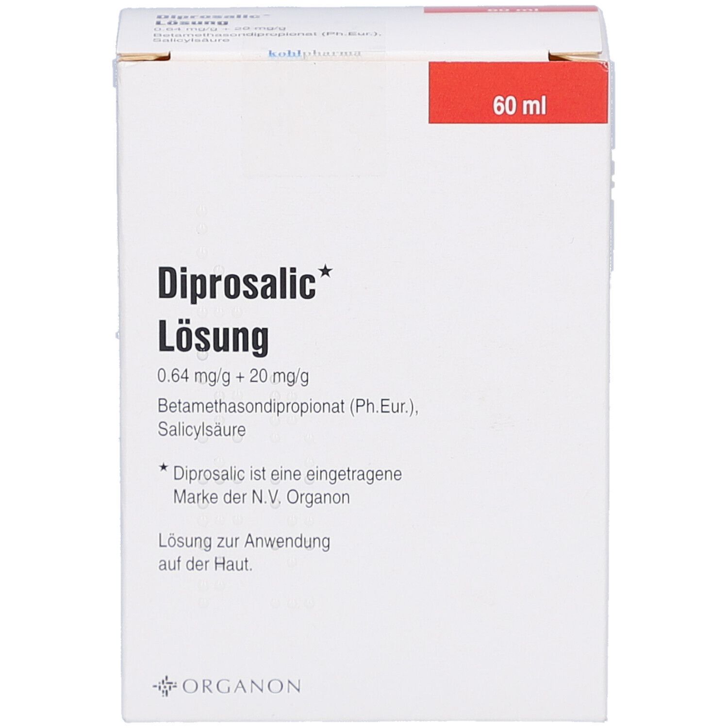 Weiße Faltschachtel mit rotem Deckel. Aufdruck: Diprosalic Lösung, 60 ml. Text in Deutsch.