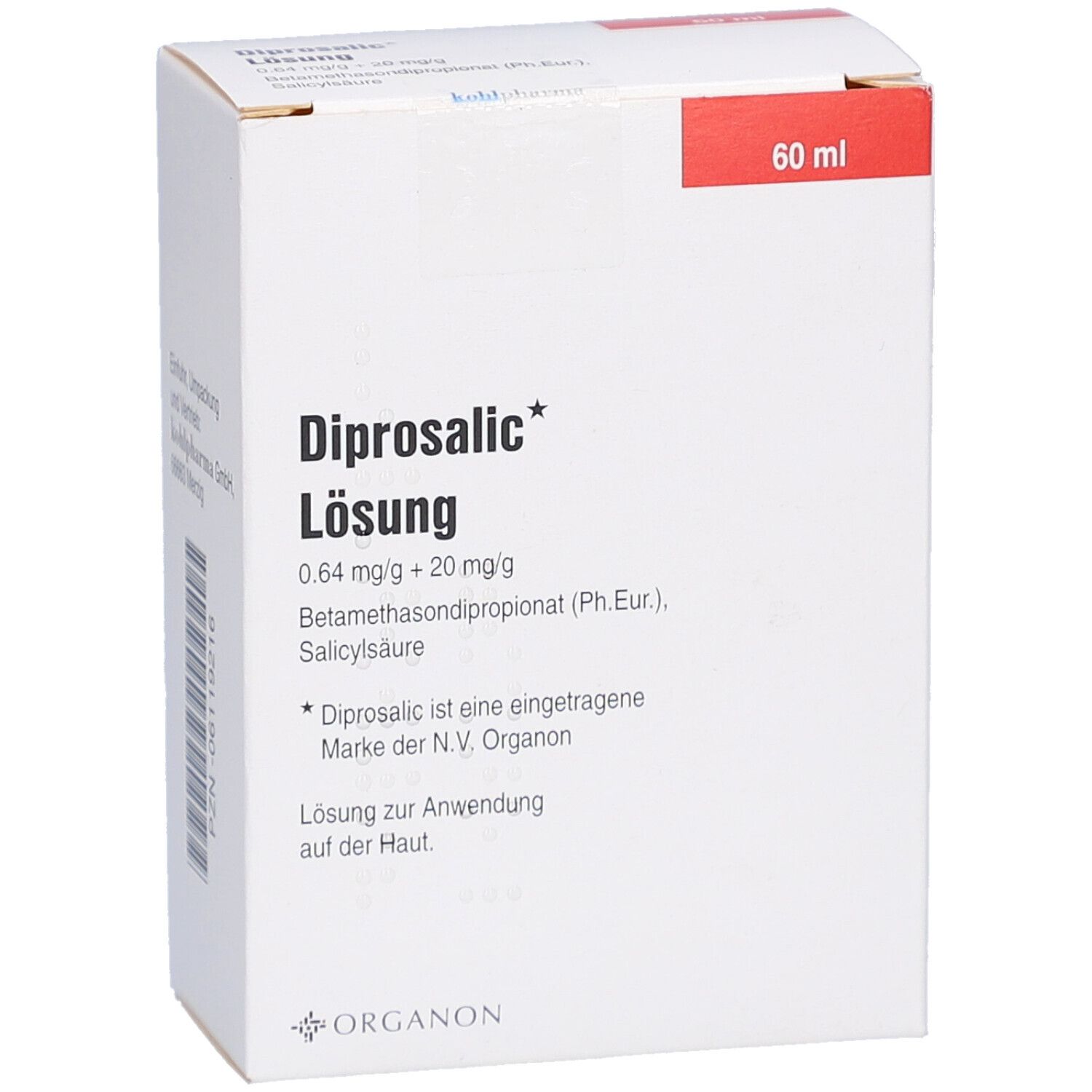 Weiße Faltschachtel mit rotem Deckel. Aufdruck: Diprosalic Lösung, 60 ml. Text in Deutsch.