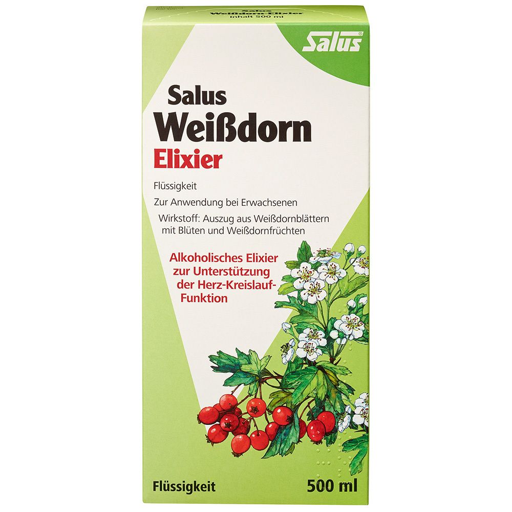Salus Weißdorn Elixier. Grüne Verpackung mit Produktinformationen und Abbildung von Blüten und Früchten.