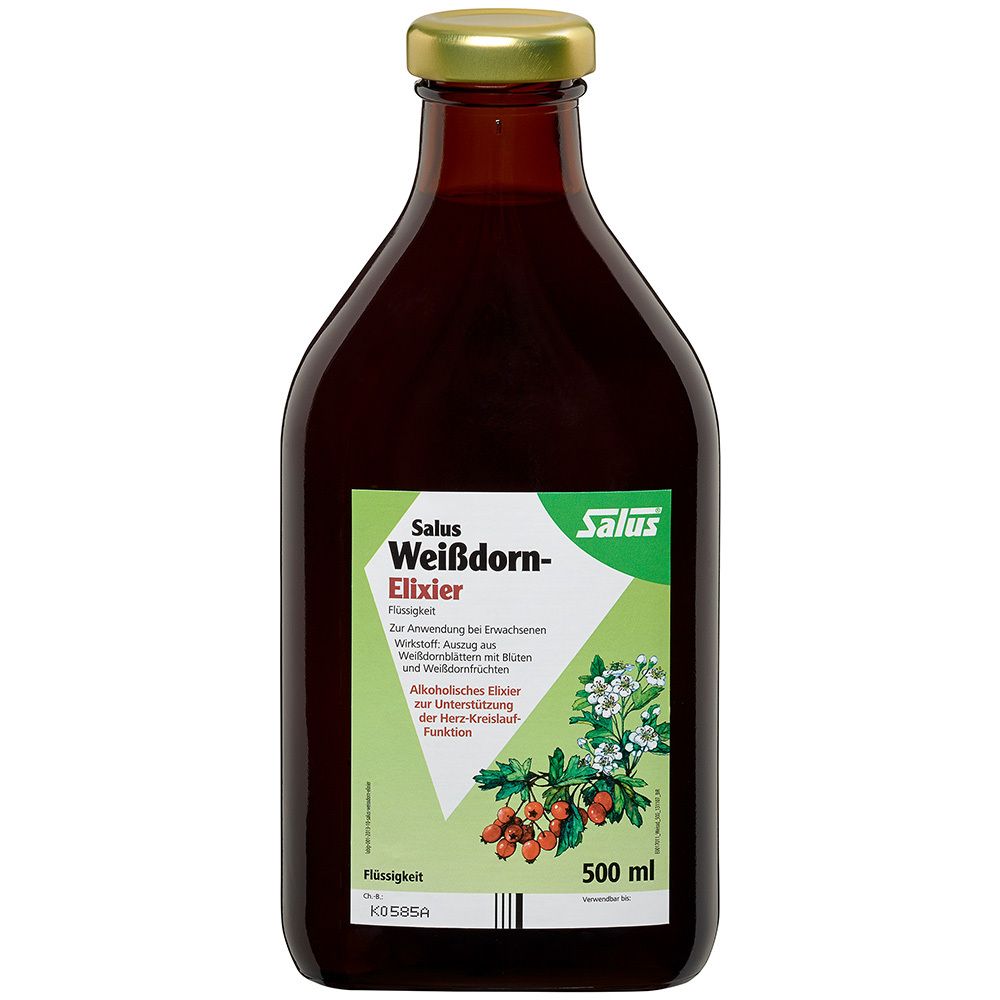 Salus Weißdorn Elixier. Braune Flasche mit goldfarbenem Deckel. Produktinformationen auf dem Etikett.