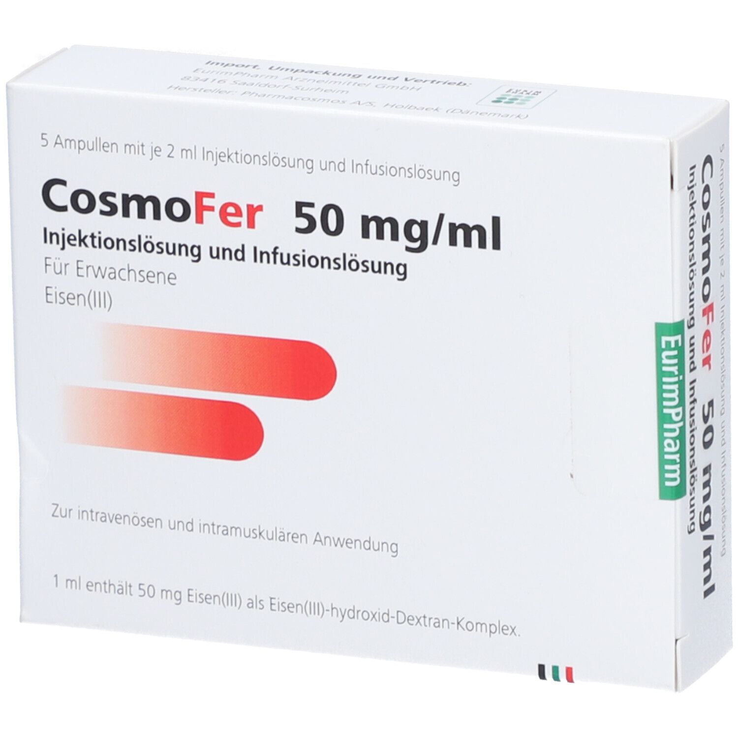Weißer Karton mit CosmoFer-Aufdruck. Enthält 5 Ampullen mit Injektionslösung. Text in Deutsch.