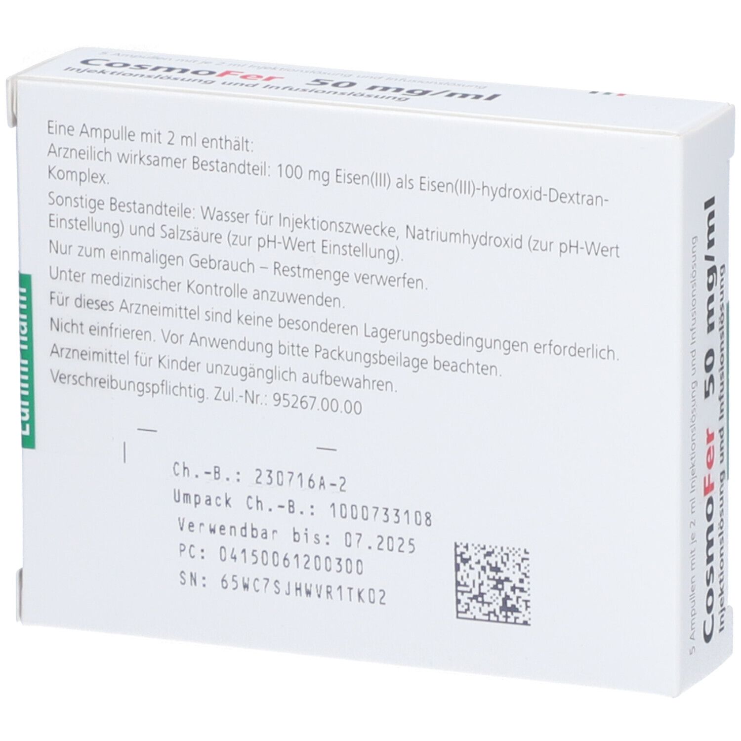 Rückseite der weißen CosmoFer-Verpackung. Enthält Text über Inhaltsstoffe und Lagerung. Text in Deutsch.