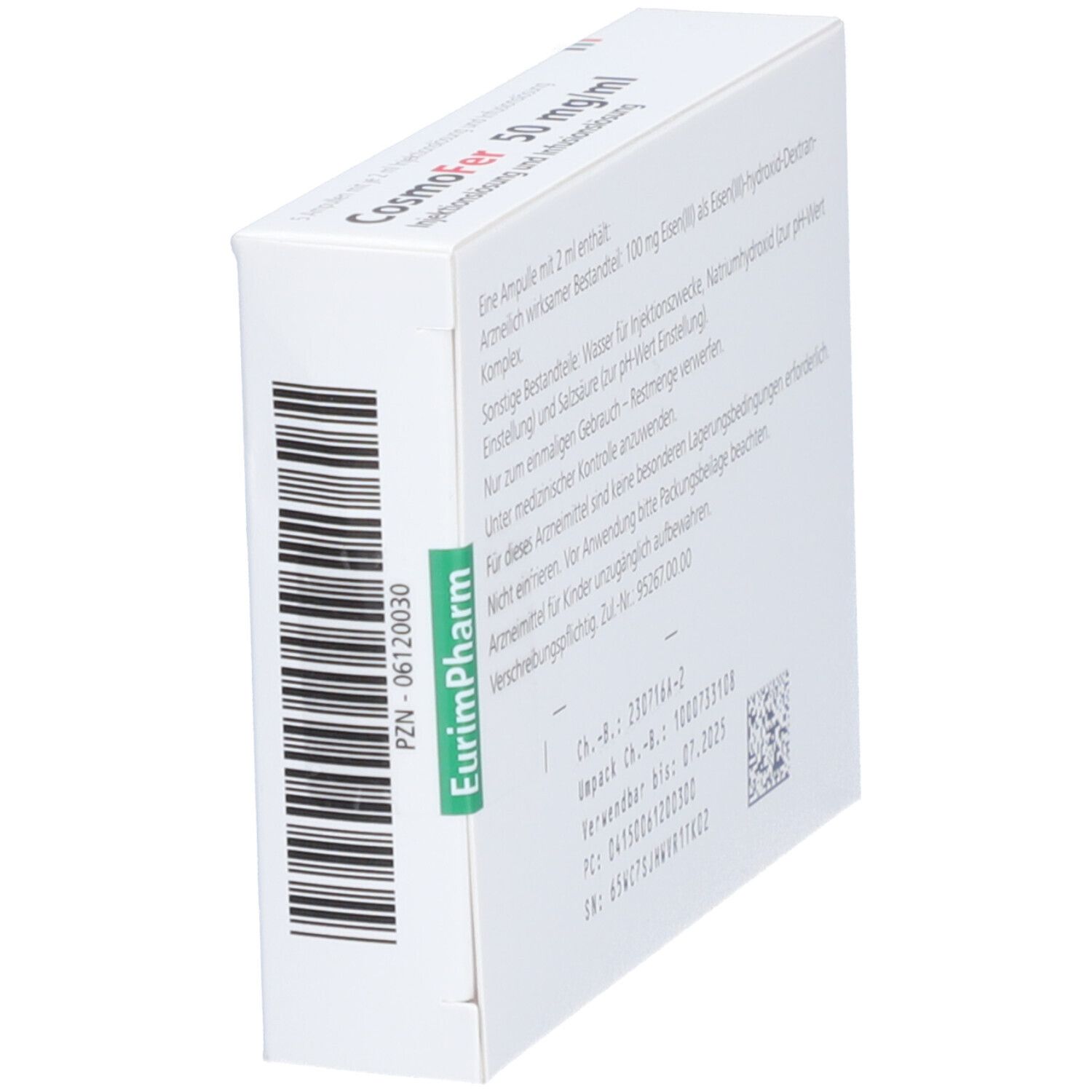 Schräg stehende Rückseite der weißen CosmoFer-Verpackung. Barcode und Text in Deutsch.
