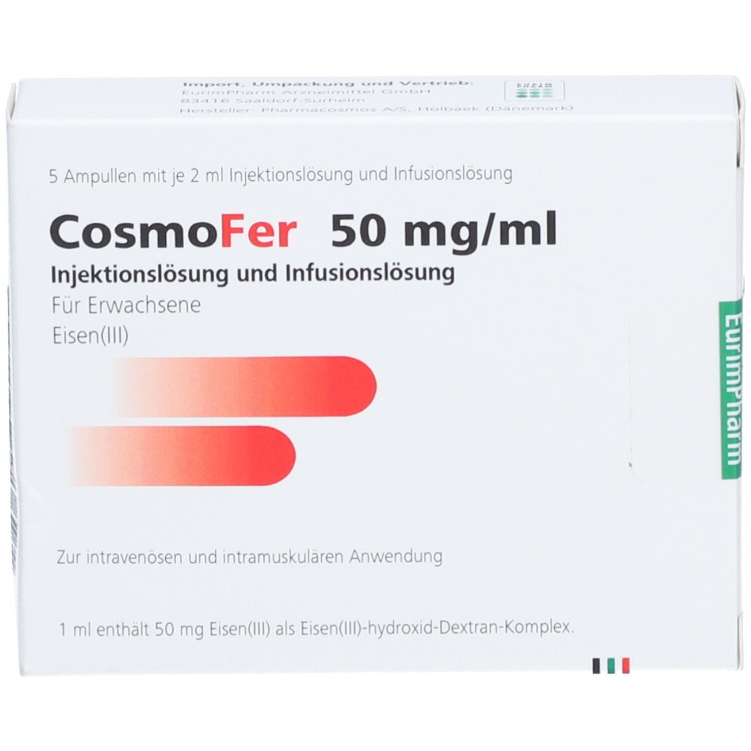 Weiße Verpackung mit CosmoFer-Aufdruck. Enthält 5 Ampullen mit Injektionslösung. Text in Deutsch.
