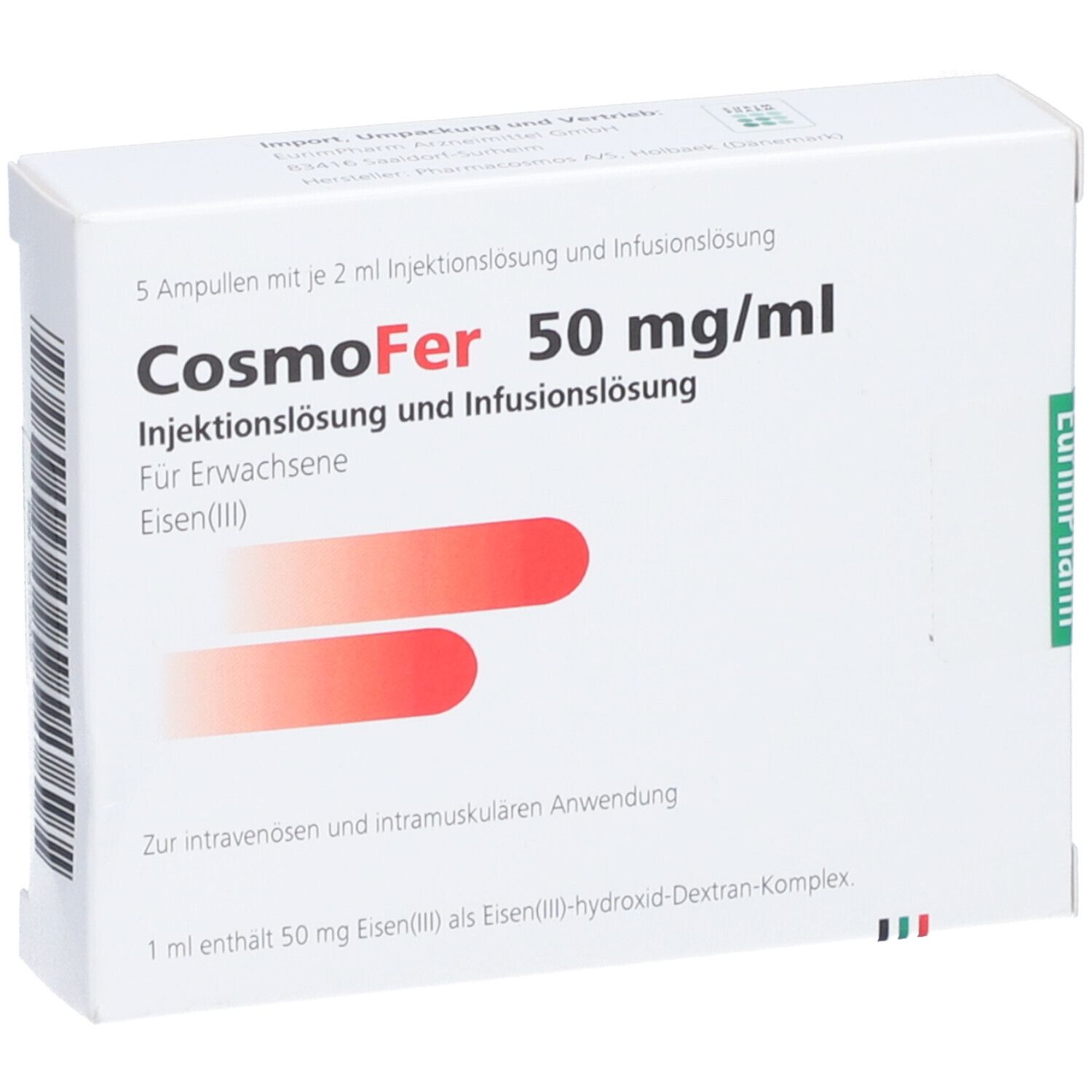 Weiße Verpackung mit CosmoFer-Aufdruck. Enthält 5 Ampullen mit Injektionslösung. Text in Deutsch.