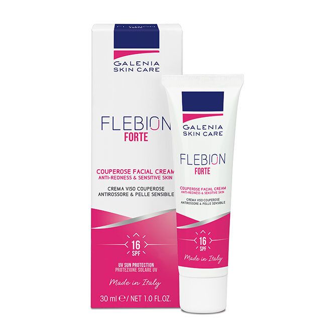 Creme-Tube und Schachtel. Aufschrift FLEBION FORTE, COUPEROSE FACIAL CREAM, SPF 16. Marke GALENIA SKIN CARE. Hergestellt in Italien.