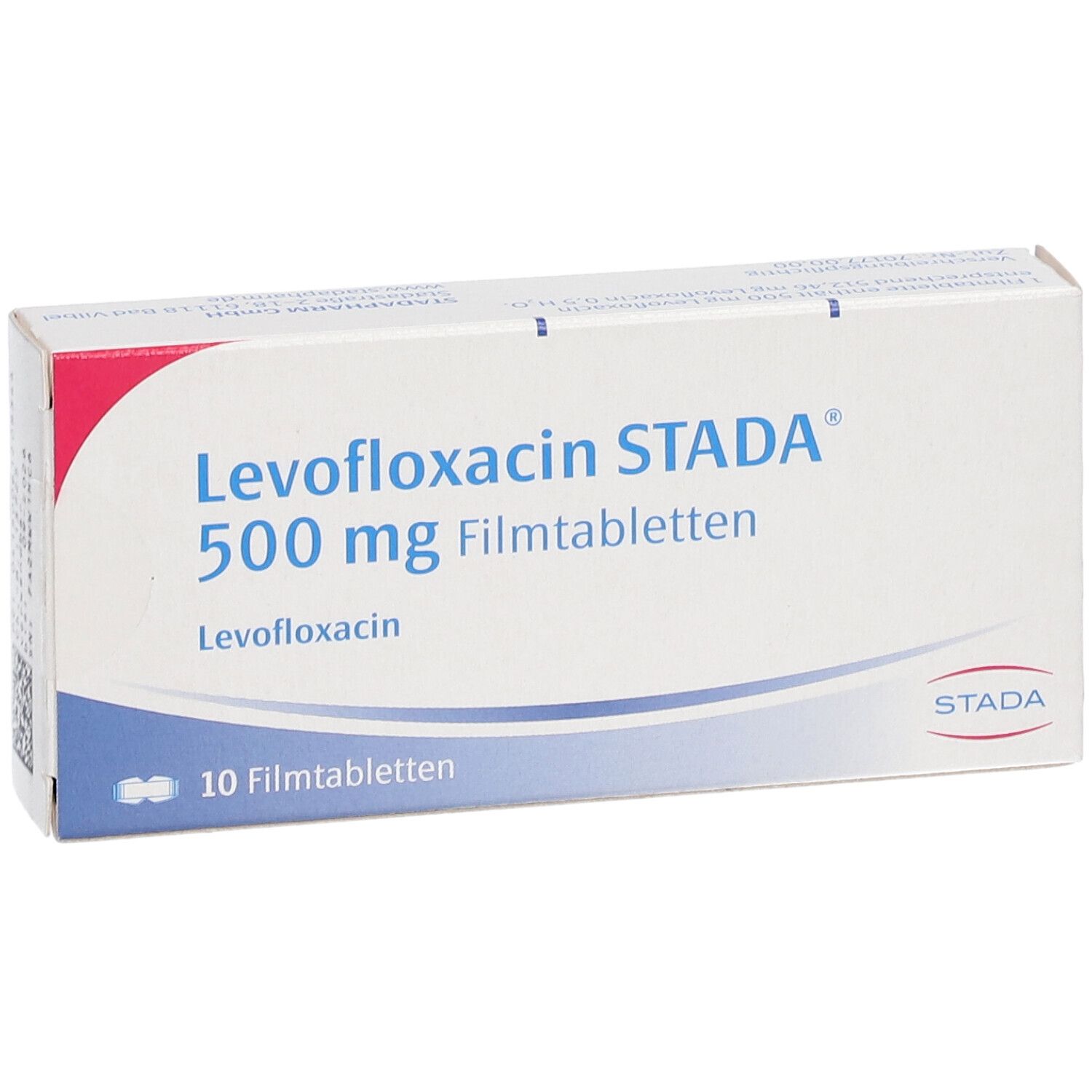 Levofloxacin STADA 500 mg Filmtabletten, 10 Stück. Verpackung mit STADA Logo.