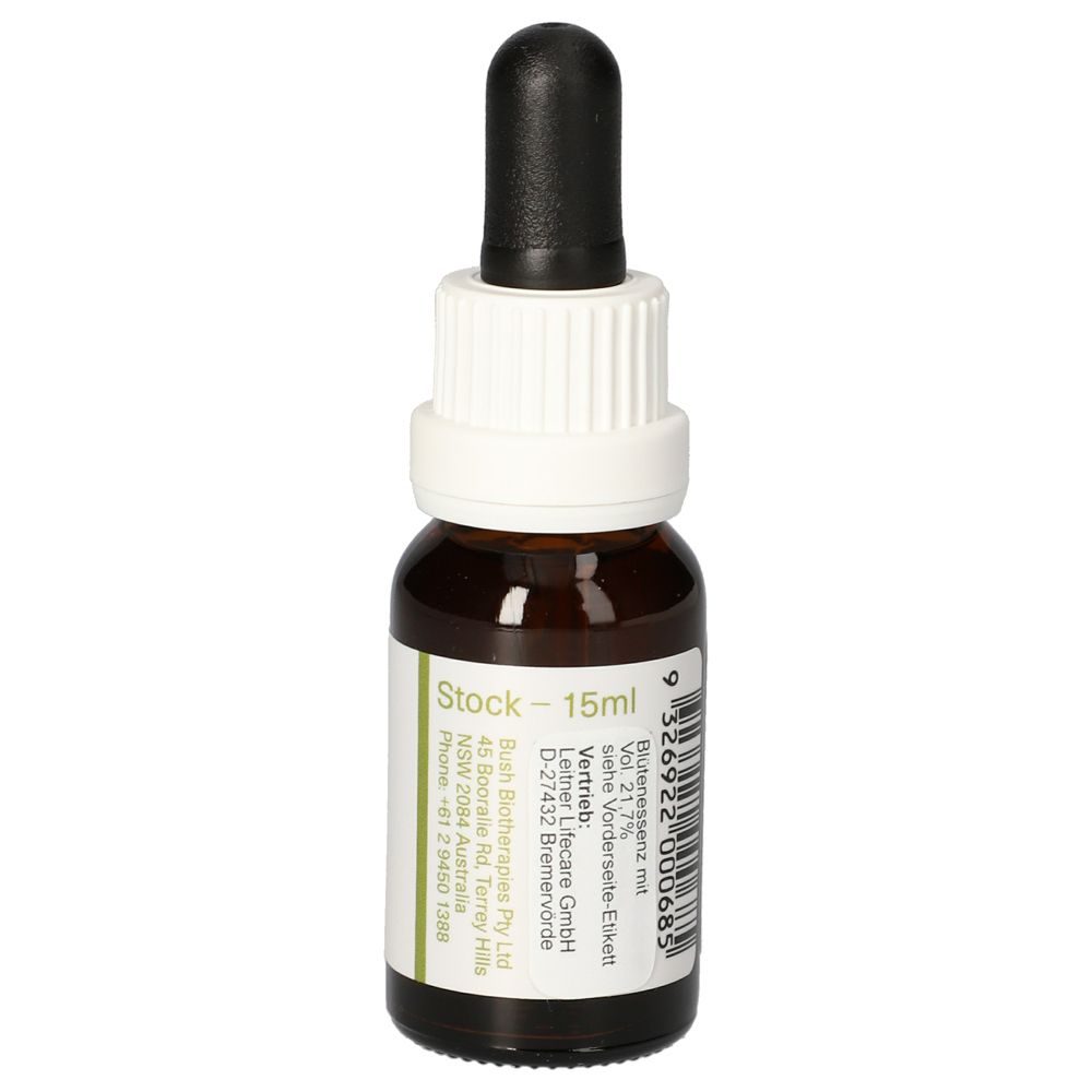 Rückseite einer braunen Glasflasche mit Pipettenverschluss, Etikett mit 'Stock - 15ml' und Barcode.