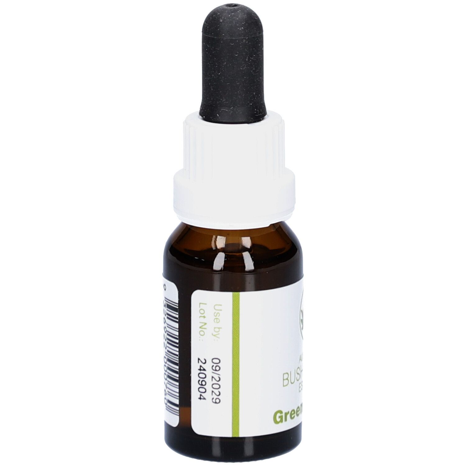 Braune Glasflasche mit weißem Etikett und schwarzem Tropfer. Etikett mit Barcode und Verfallsdatum.