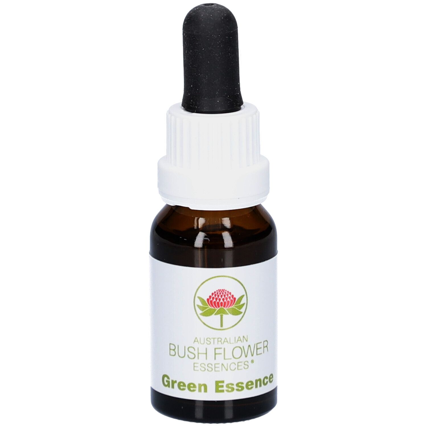 Braune Glasflasche mit weißem Etikett und schwarzem Tropfer. Etikett mit Logo und Schriftzug 'Green Essence'.