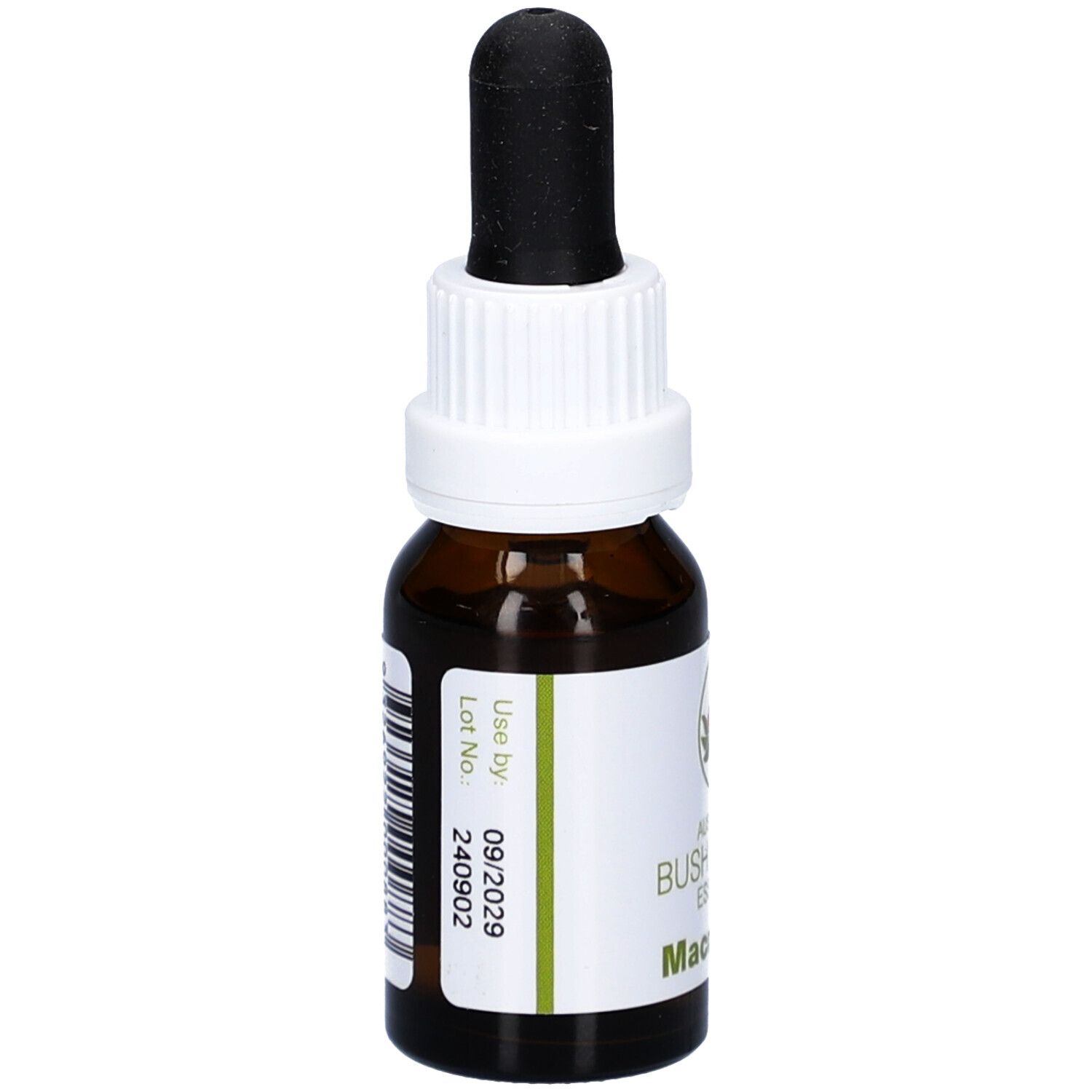 Braune Glasflasche mit weißem Etikett. Aufschrift: Australian Bush Flower Essences, Macrocarpa. Schwarze Pipette. Barcode und Verfallsdatum.