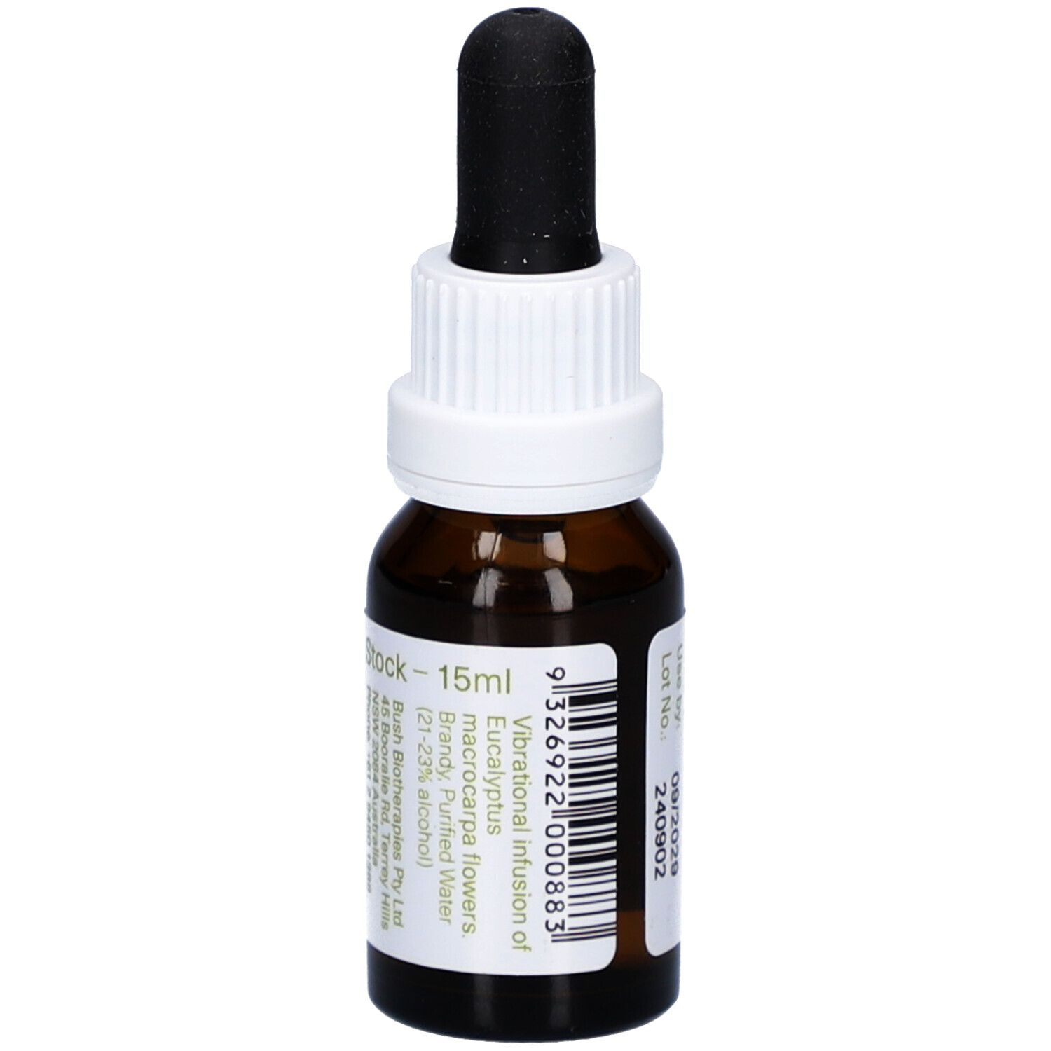 Braune Glasflasche mit weißem Etikett. Aufschrift: Australian Bush Flower Essences, Macrocarpa. Schwarze Pipette. Inhaltsangabe und Barcode.