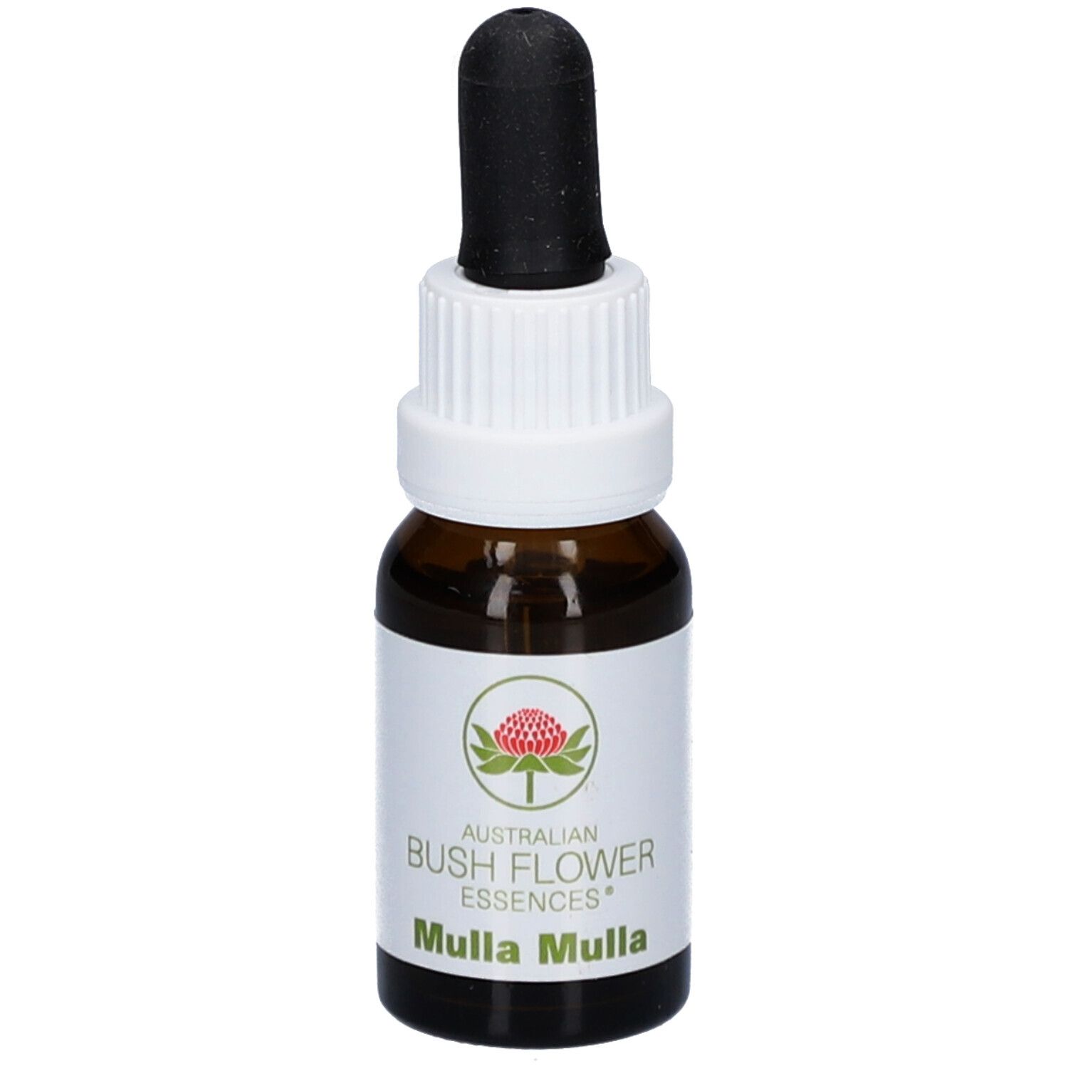 Braune Glasflasche mit weißem Etikett. Aufschrift: Australian Bush Flower Essences Mulla Mulla. Mit schwarzer Pipette.