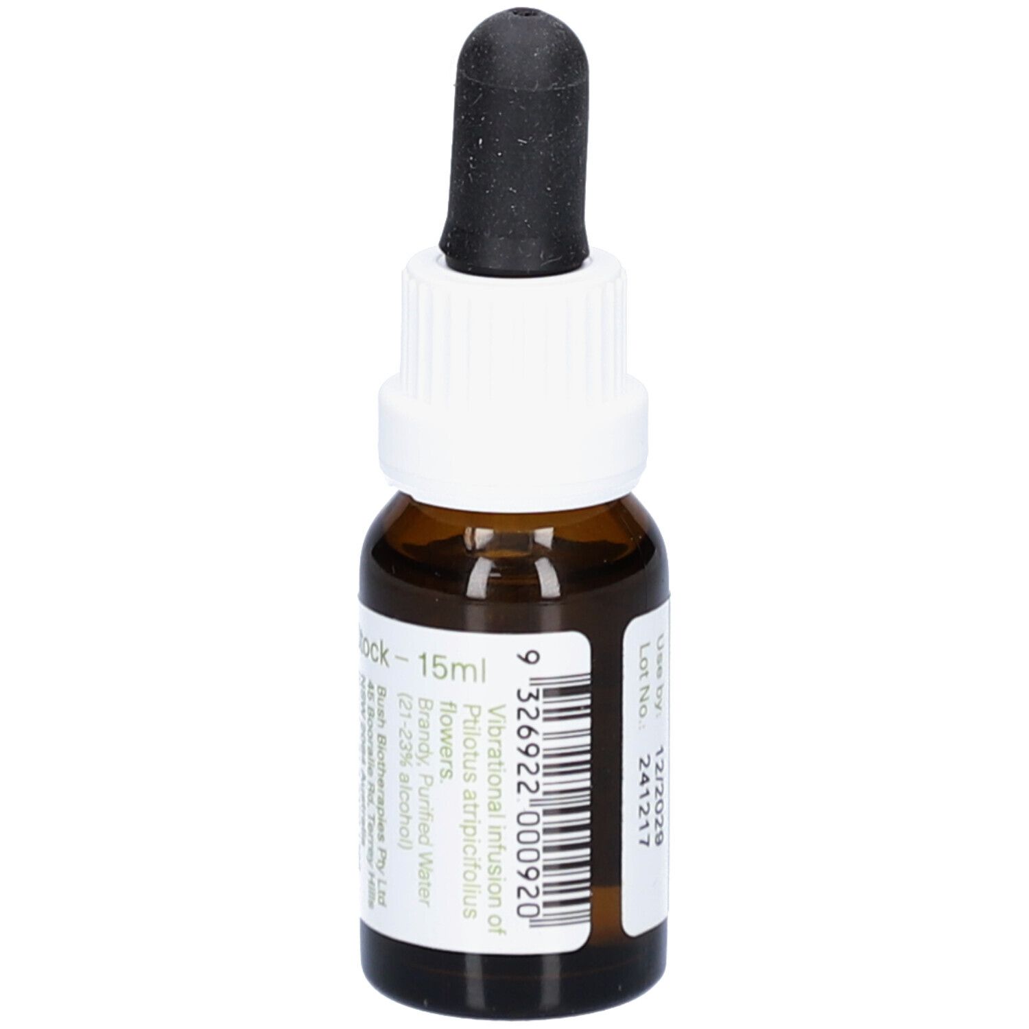 Braune Glasflasche mit weißem Etikett. Aufschrift: 15ml. Mit schwarzer Pipette. Barcode und weitere Informationen.