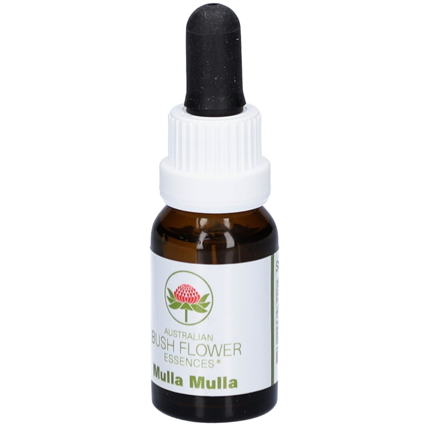Braune Glasflasche mit weißem Etikett. Aufschrift: Australian Bush Flower Essences Mulla Mulla. Mit schwarzer Pipette.