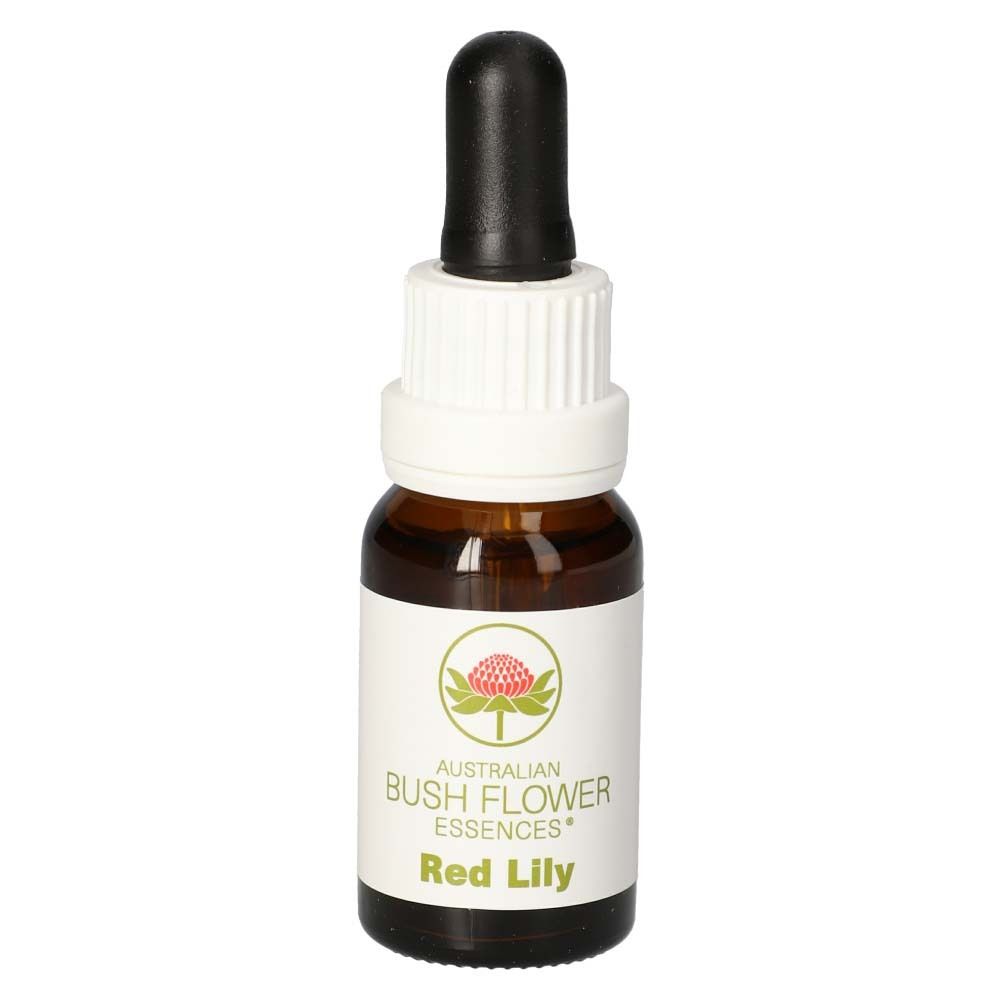 Braune Glasflasche mit weißem Etikett. Aufschrift: Australian Bush Flower Essences Red Lily. Mit schwarzer Pipette.