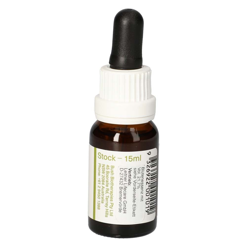 Braune Glasflasche mit weißem Etikett. Aufschrift: Stock - 15ml. Mit schwarzer Pipette. Etikett mit Informationen.