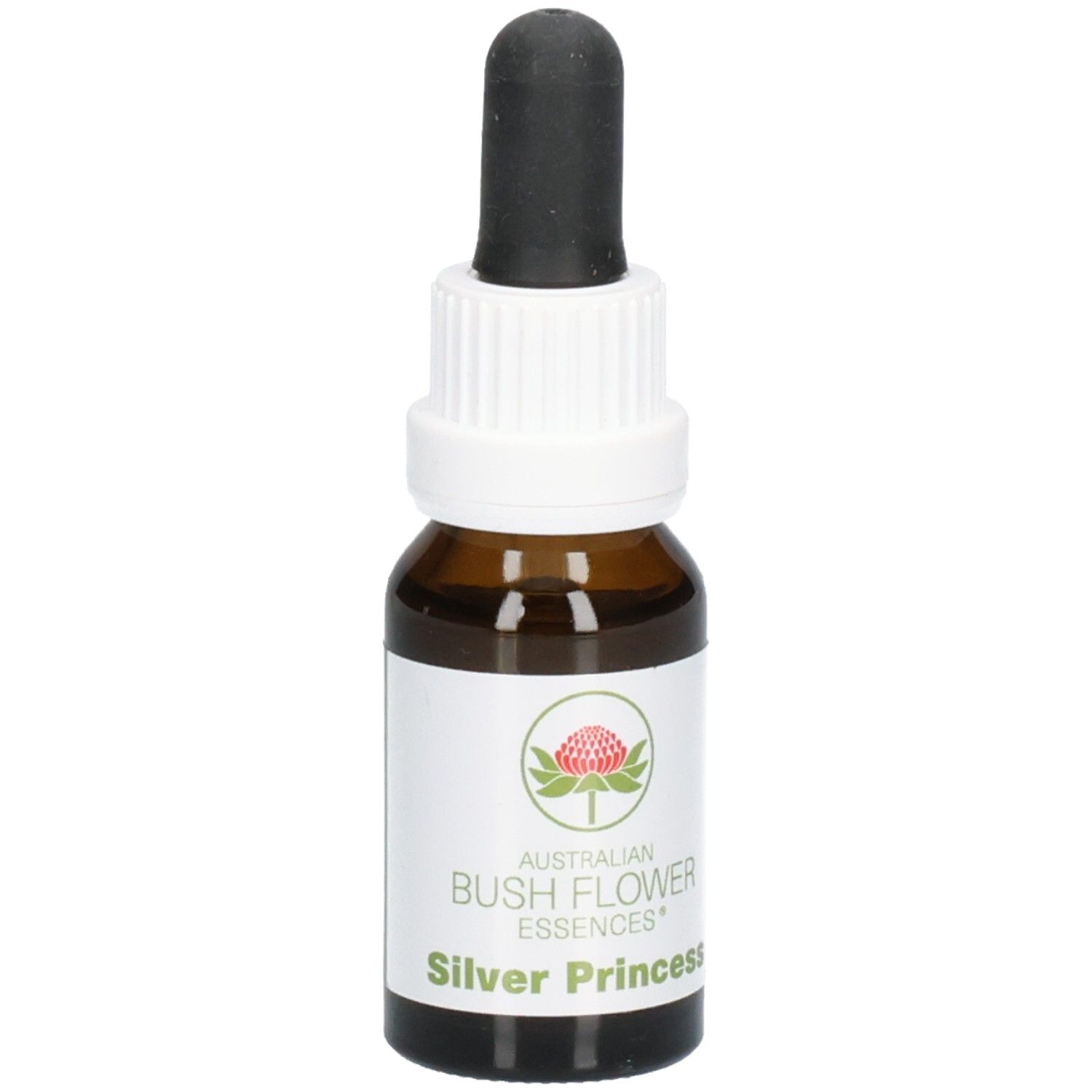 Braune Glasflasche mit Tropfer. Etikett mit Logo und Schriftzug 'Silver Princess'.