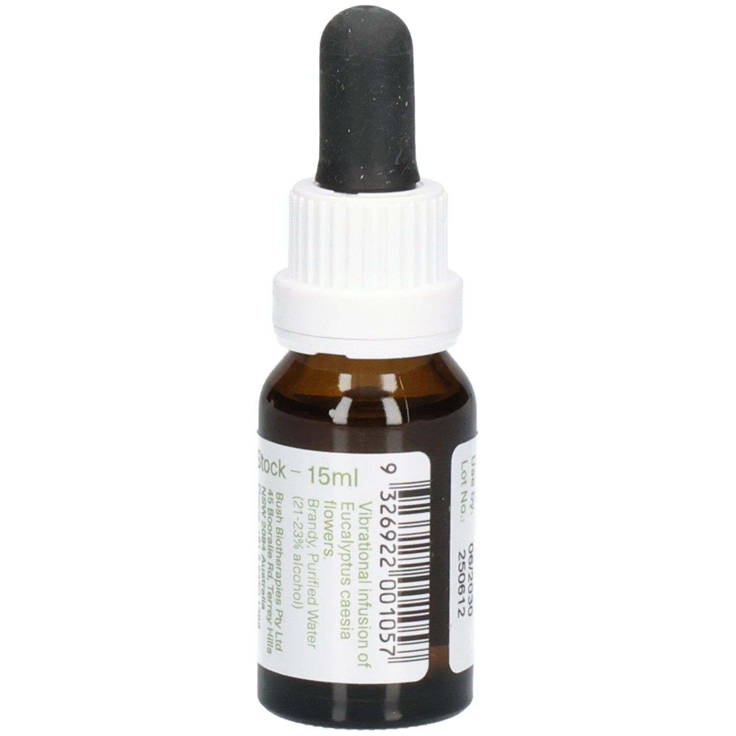 Braune Glasflasche mit Tropfer. Etikett mit Inhaltsangaben und Barcode.