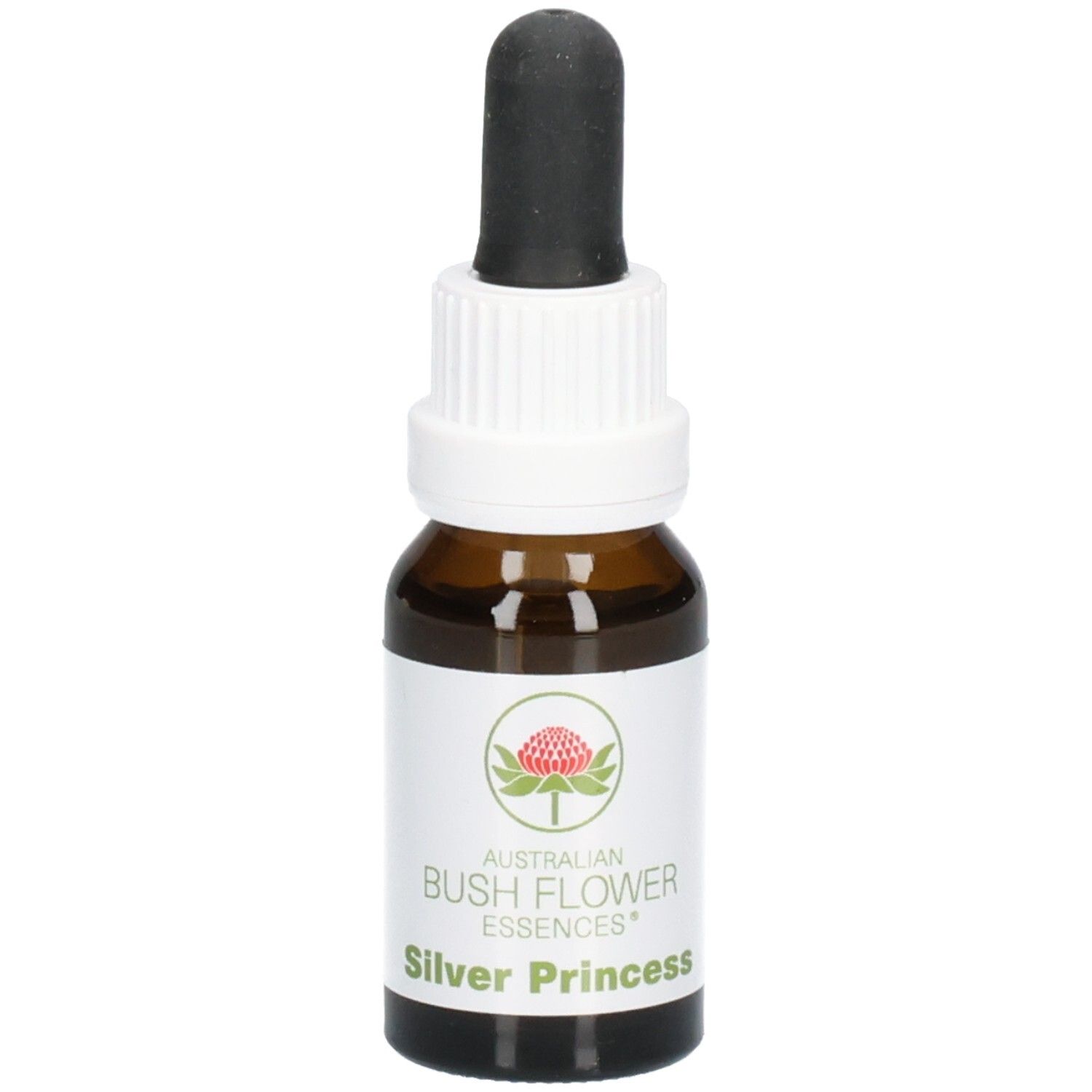 Braune Glasflasche mit Tropfer. Etikett mit Logo und Schriftzug 'Silver Princess'.