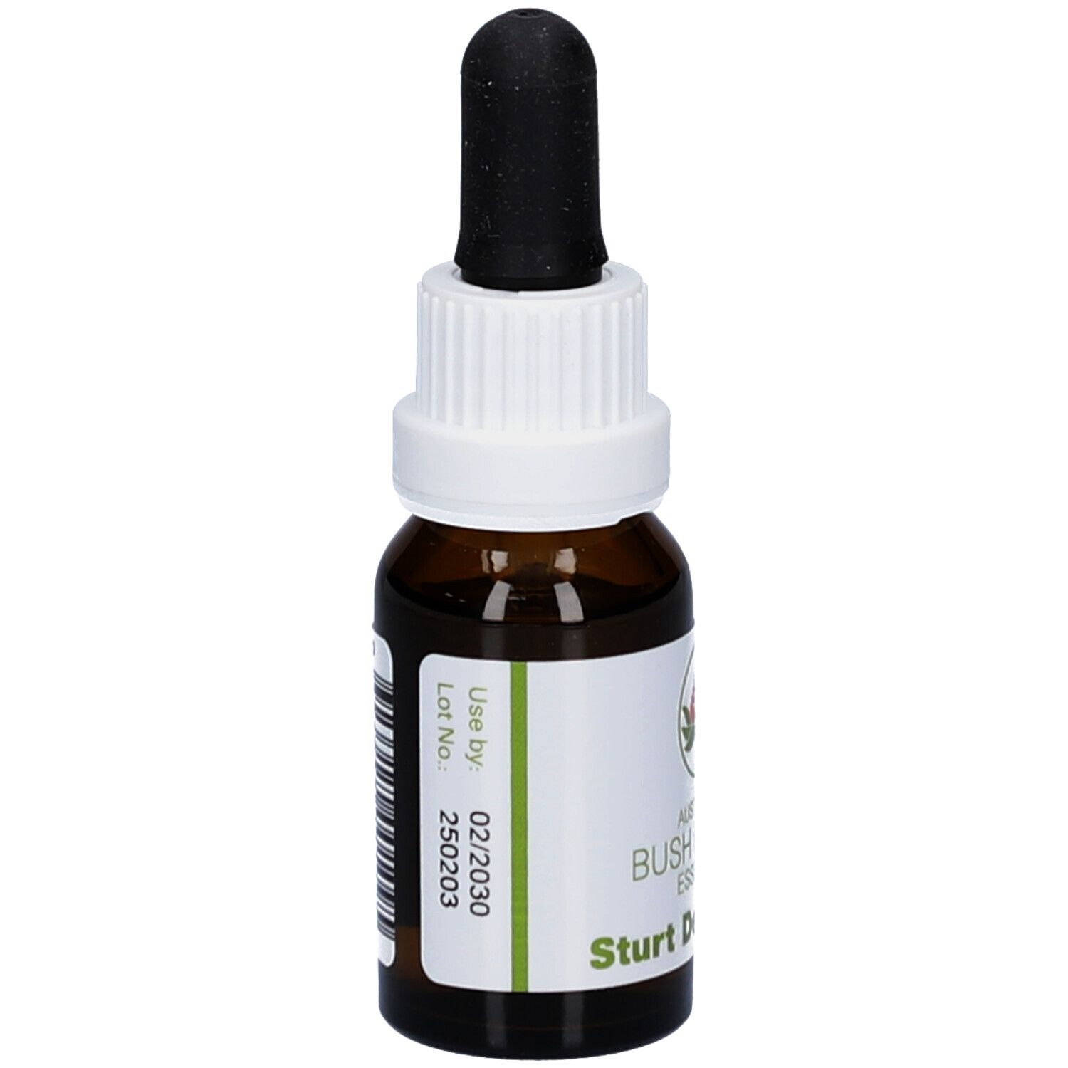 Braune Glasflasche mit weißem Etikett und schwarzer Pipette. Etikett mit Text und Barcode. Verfallsdatum 02/2030.