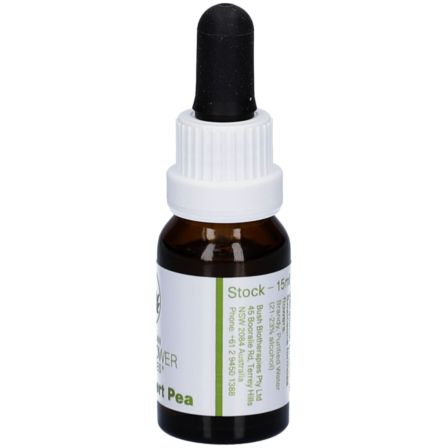 Braune Glasflasche mit weißem Etikett und schwarzer Pipette. Etikett mit Text und Logo. Volumen: 15ml.