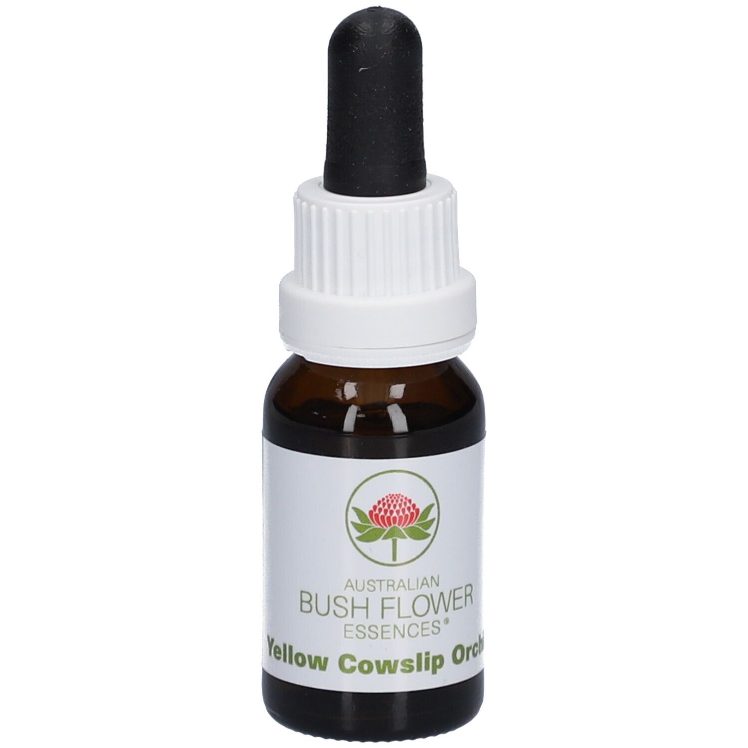 Braune Glasflasche mit weißem Etikett. Aufschrift: Australian Bush Flower Essences, Yellow Cowslip Orchid.