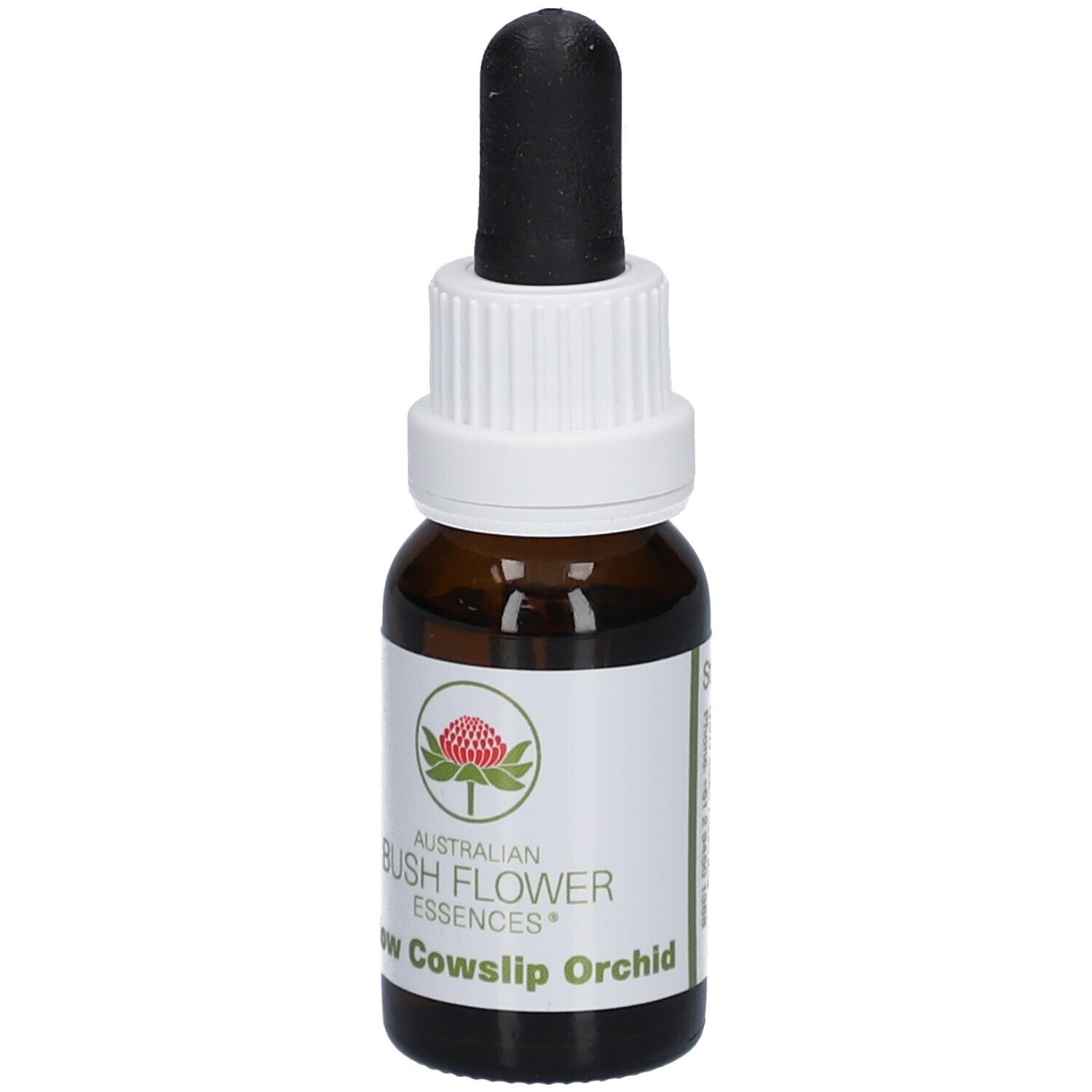 Braune Glasflasche mit weißem Etikett. Aufschrift: Australian Bush Flower Essences, Yellow Cowslip Orchid.