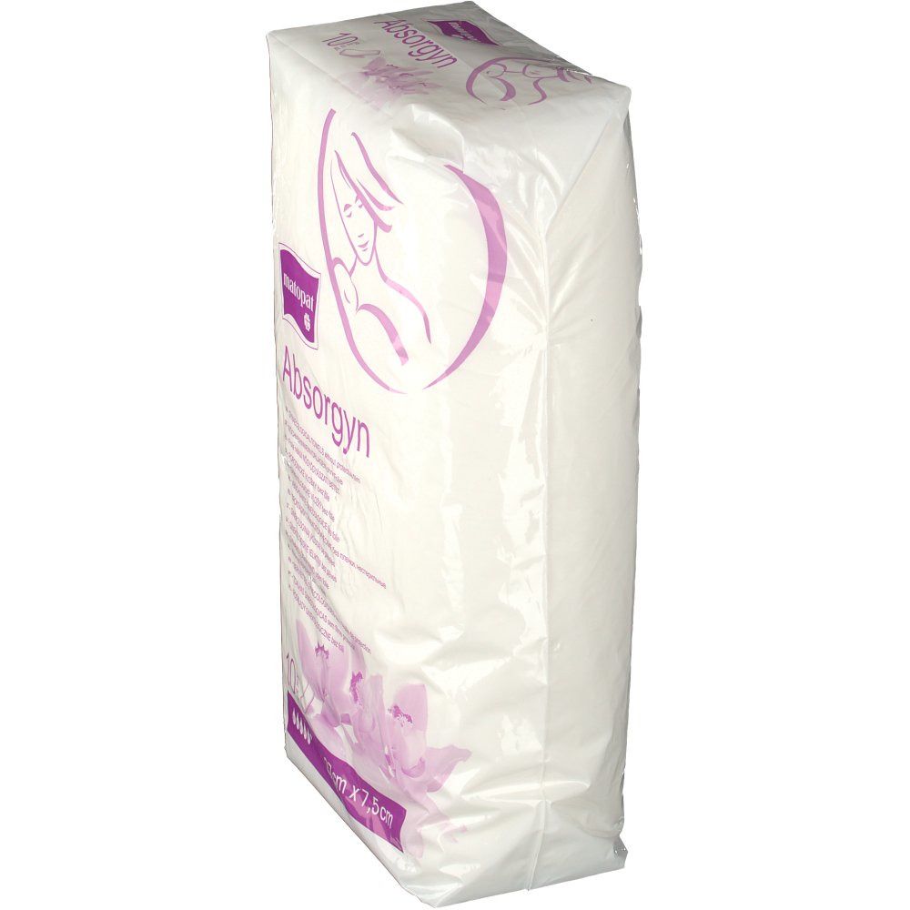 Verpackung mit gynäkologischen Tüchern. Marke: matopat. Aufdruck: Absorgyn. Abbildung einer Frau mit Baby. Seitenansicht.