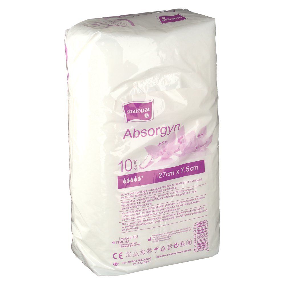 Verpackung mit gynäkologischen Tüchern. Marke: matopat. Aufdruck: Absorgyn, 10 Stück, 27cm x 7,5cm. Abbildung einer Frau mit Baby.