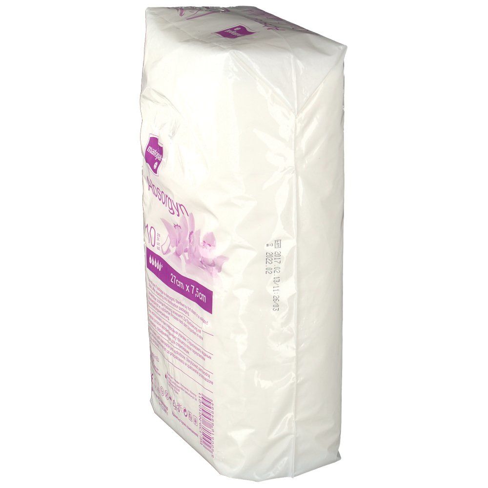 Verpackung mit gynäkologischen Tüchern. Marke: matopat. Aufdruck: Absorgyn. Seitenansicht. Text und Abbildungen.