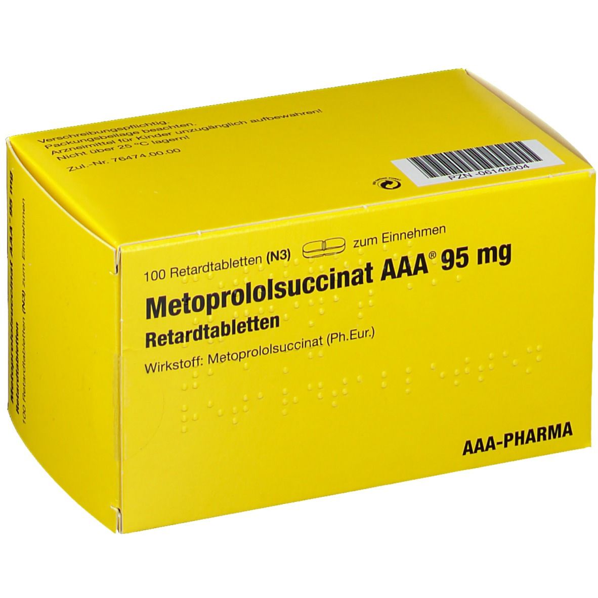 Gelbe Schachtel mit Aufschrift Metoprololsuccinat AAA 95 mg. Enthält 100 Retardtabletten. Marke AAA-Pharma.