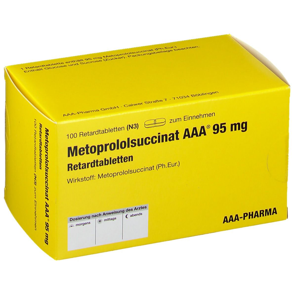 Gelbe Schachtel mit Aufschrift Metoprololsuccinat AAA 95 mg. Enthält 100 Retardtabletten. Marke AAA-Pharma.