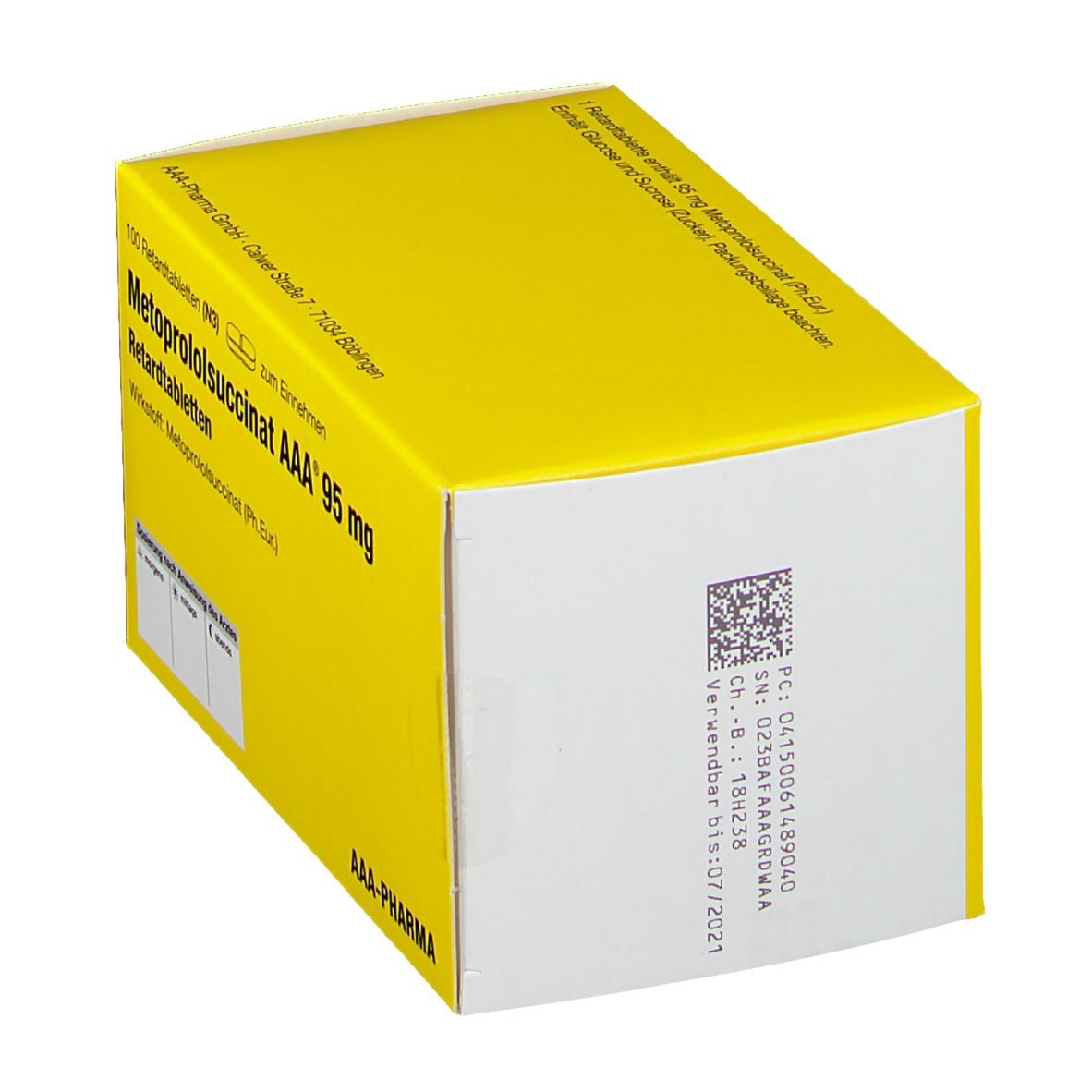 Gelbe Schachtel mit Aufschrift Metoprololsuccinat AAA 95 mg. Rückseite mit Barcode und Chargennummer. Marke AAA-Pharma.