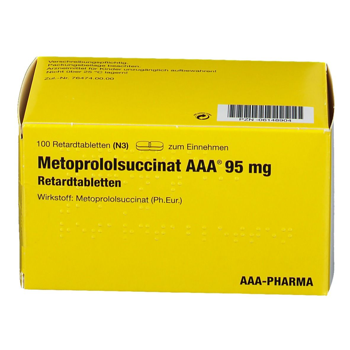 Gelbe Schachtel mit Aufschrift Metoprololsuccinat AAA 95 mg. Enthält 100 Retardtabletten. Marke AAA-Pharma.