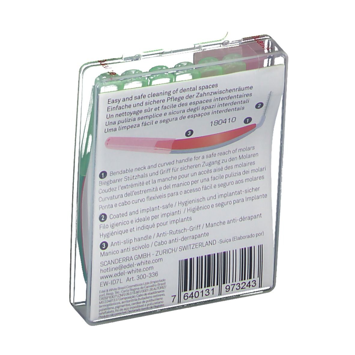 Rückseite der Verpackung mit Produktinformationen. Text in mehreren Sprachen. Barcode.