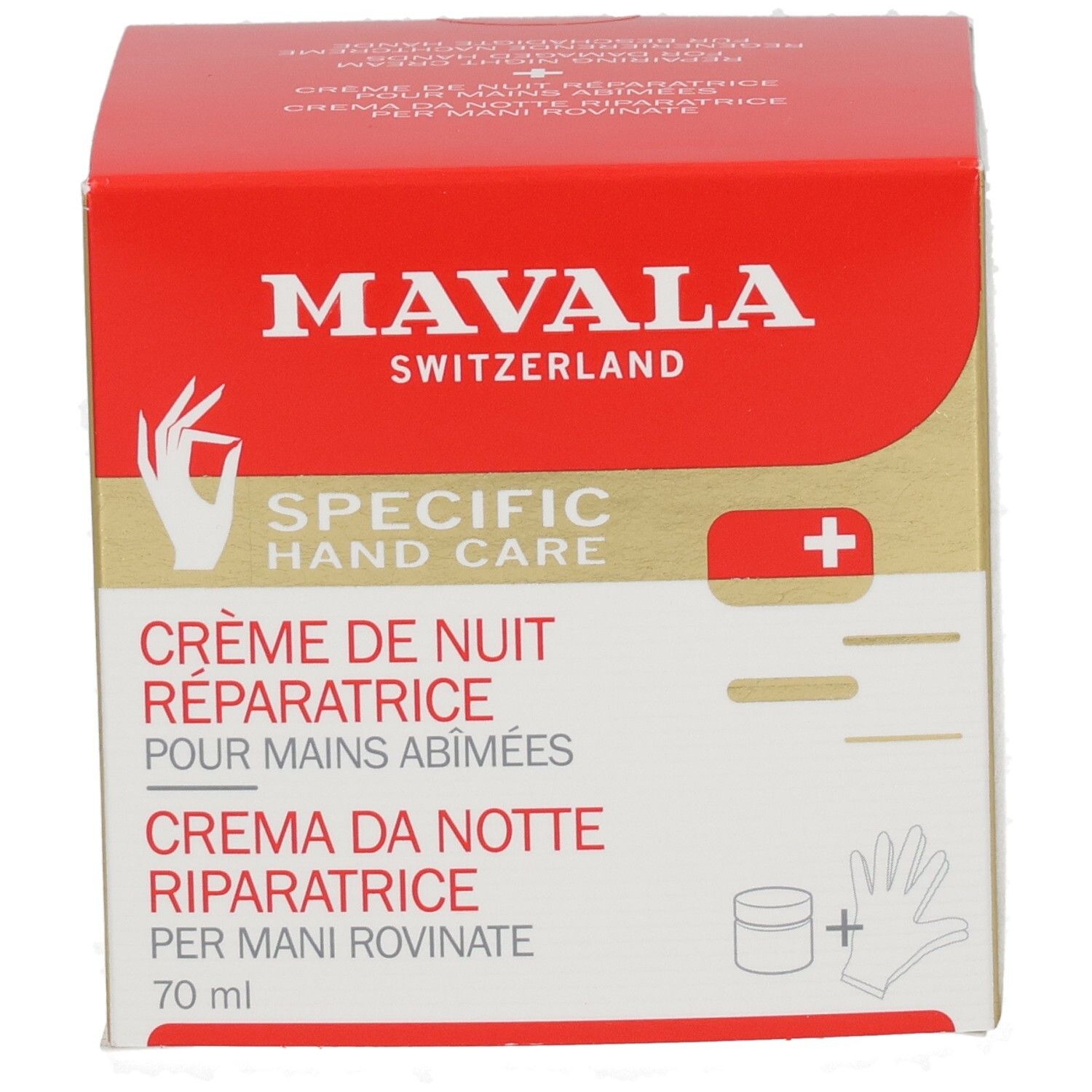 Rote und goldene Faltschachtel für Mavala Specific Hand Care Nachtcreme, 70 ml.
