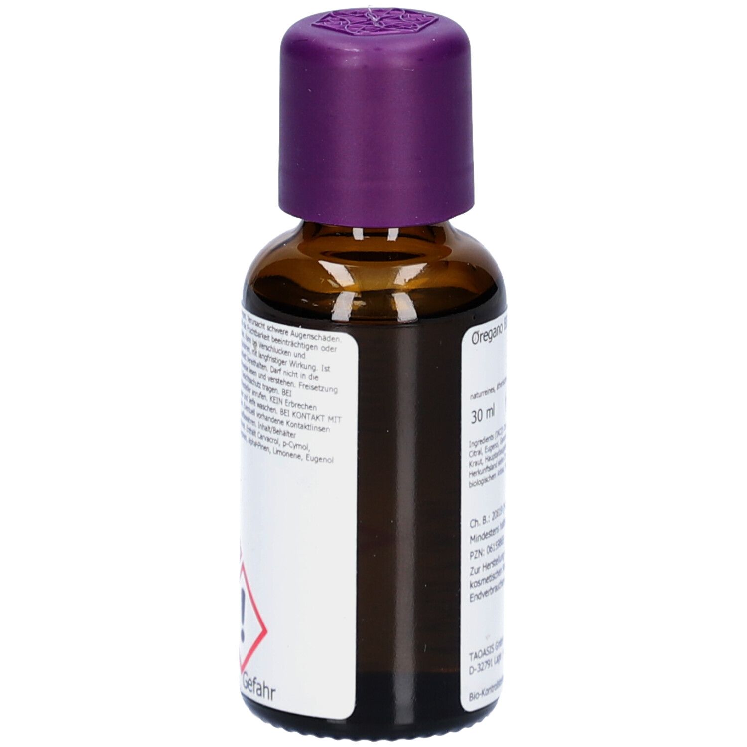 Braune Glasflasche mit lila Verschluss. Aufkleber mit Gefahrensymbolen.