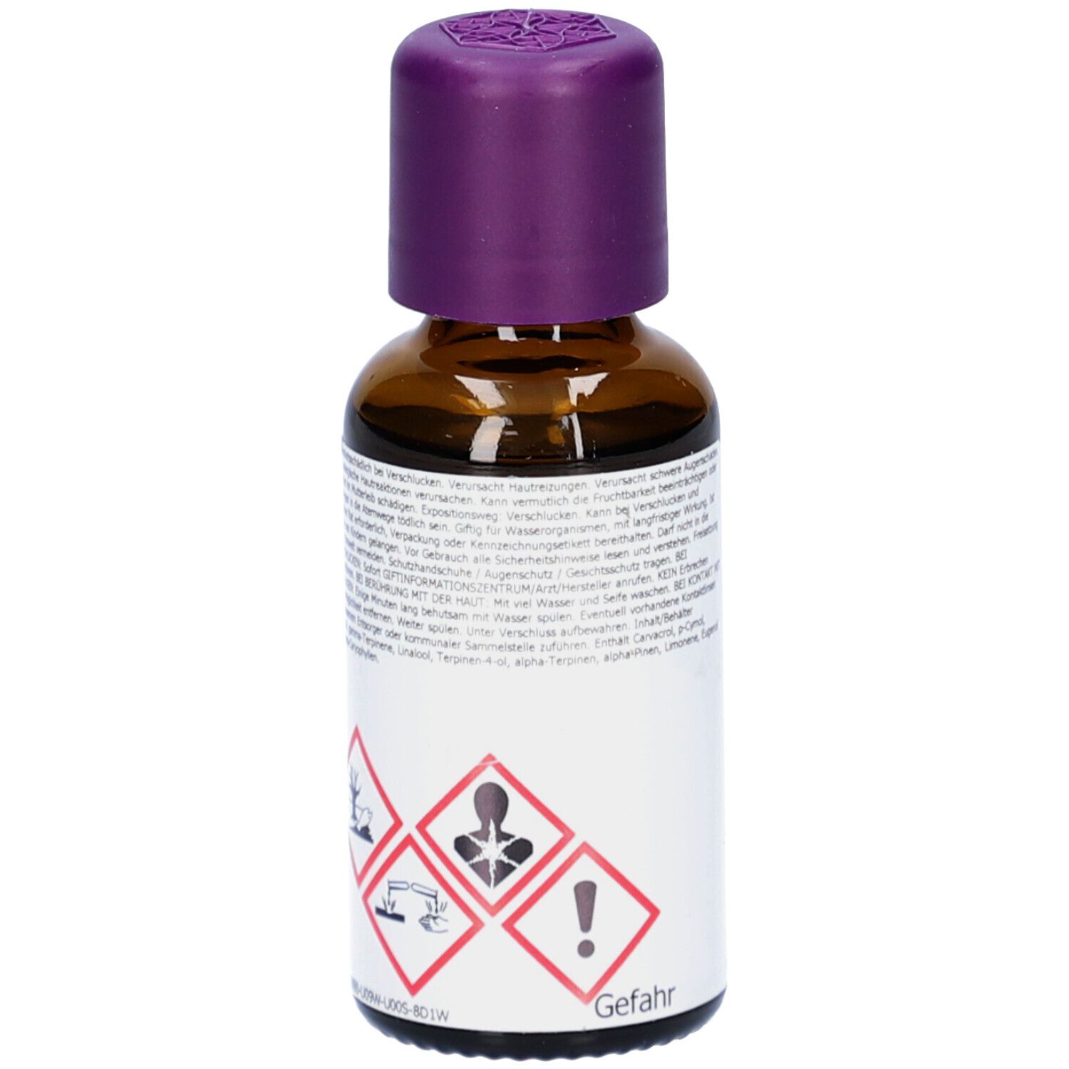 Braune Glasflasche mit lila Verschluss. Aufkleber mit Gefahrensymbolen und Text.