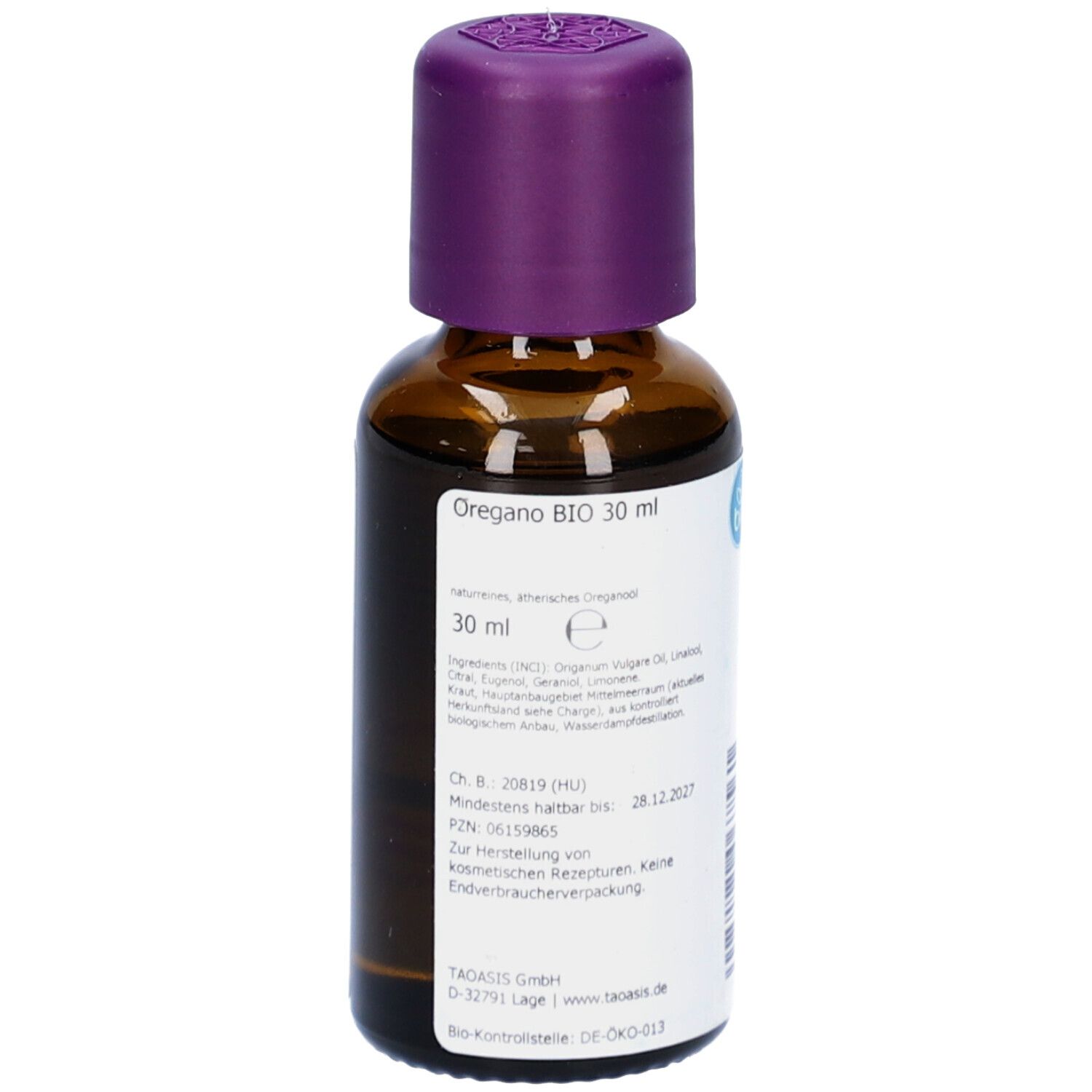 Braune Glasflasche mit lila Verschluss. Beschriftung: Oregano BIO 30 ml. Bio-Siegel.