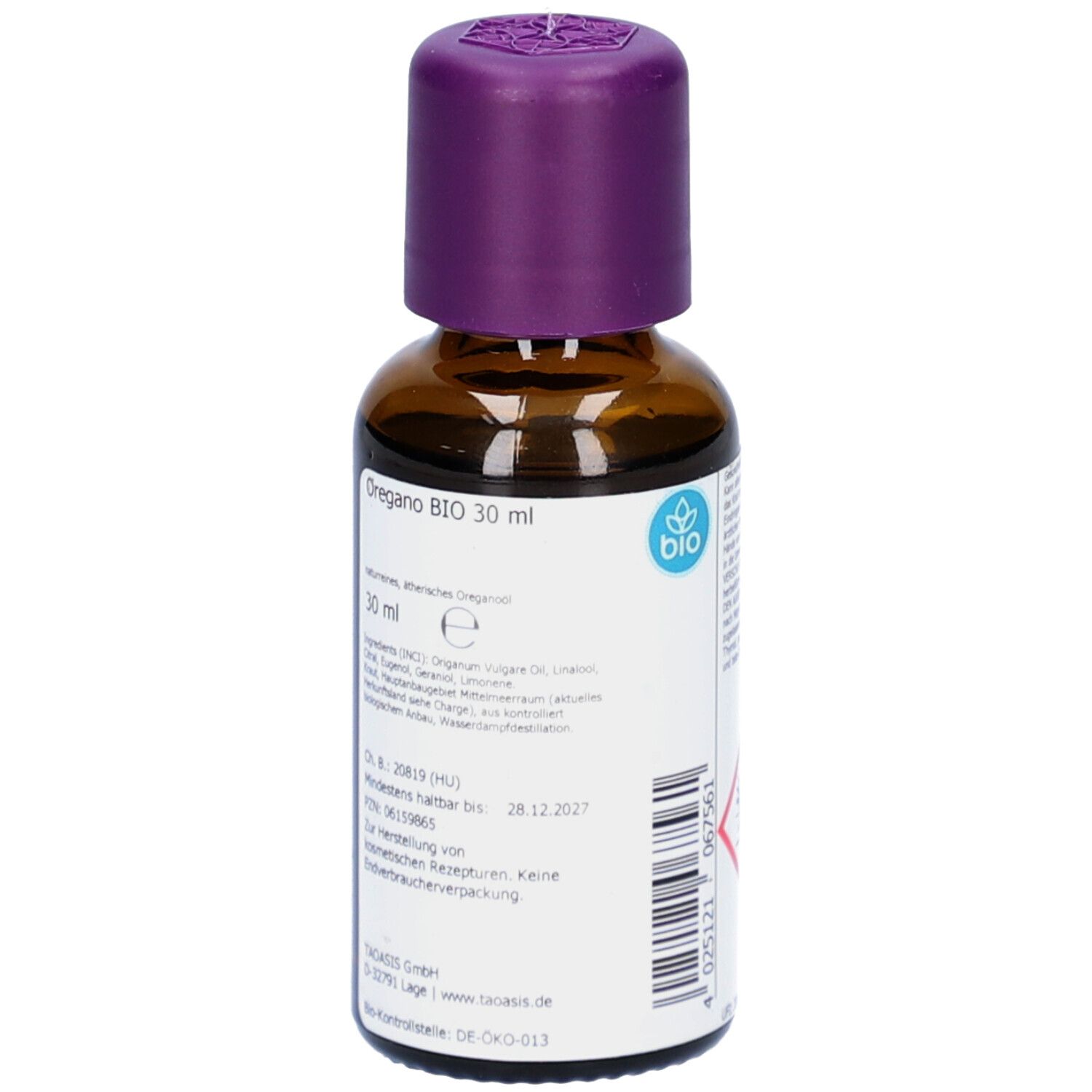 Braune Glasflasche mit lila Verschluss. Beschriftung: Oregano BIO 30 ml. Bio-Siegel und Barcode.