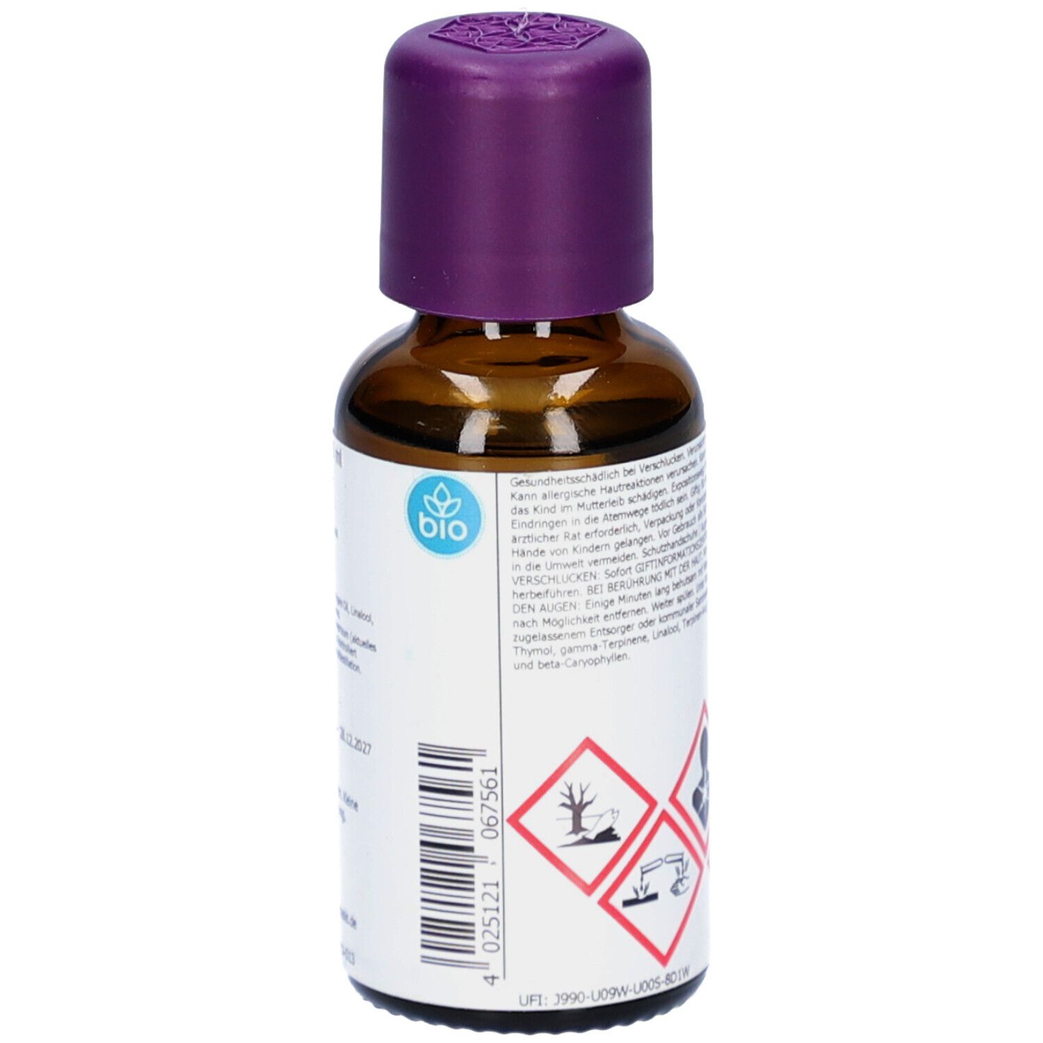 Braune Glasflasche mit lila Verschluss. Aufkleber mit Gefahrensymbolen und Bio-Siegel.