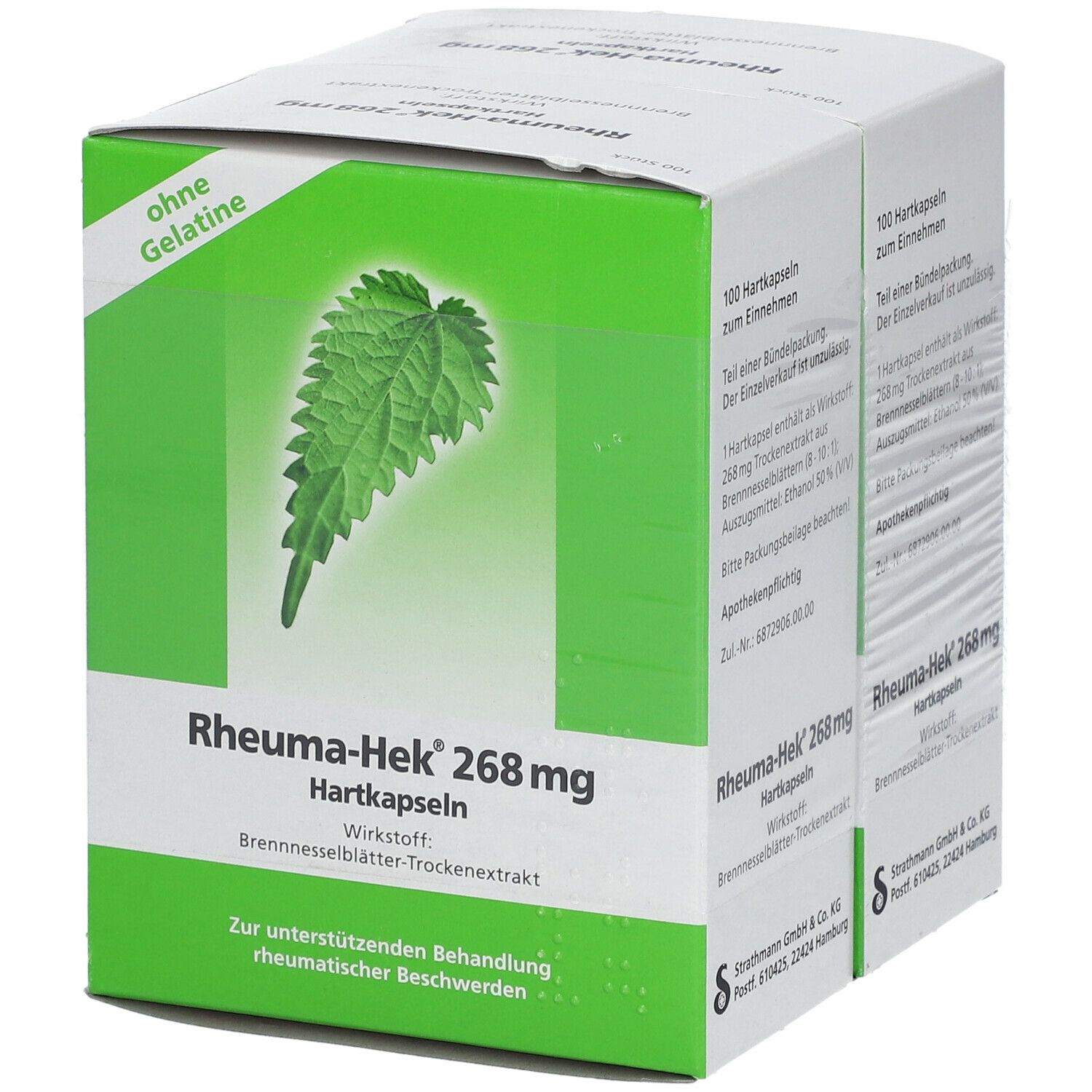 Rheuma-Hek® 268 mg Hartkapseln-Packung. Grün-weiße Schachtel mit Brennnessel-Blatt-Illustration. Text: ohne Gelatine, Wirkstoff, Behandlung rheumatischer Beschwerden.