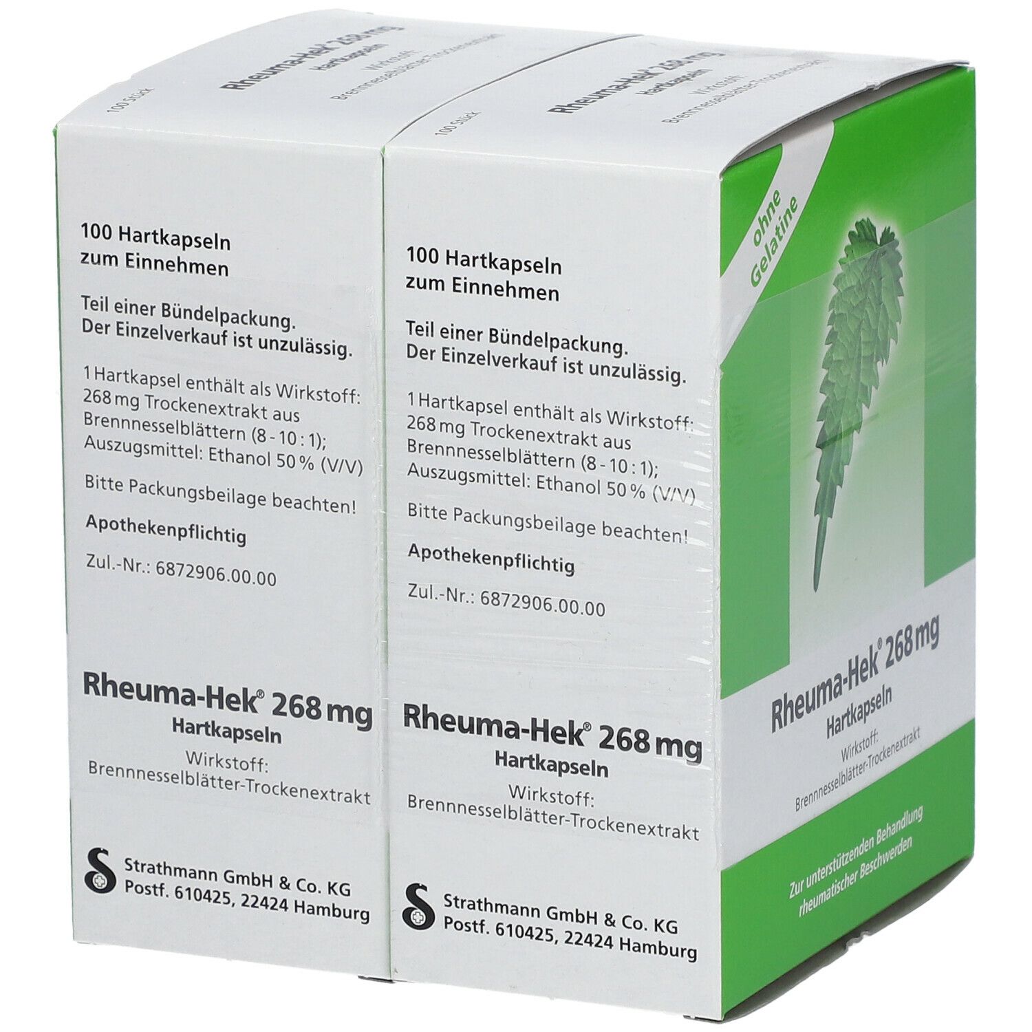 Zwei Rheuma-Hek® 268 mg Packungen. Grün-weiße Schachteln mit Brennnessel-Blatt-Illustration. Text: 100 Hartkapseln, Wirkstoff, Apothekenpflichtig.