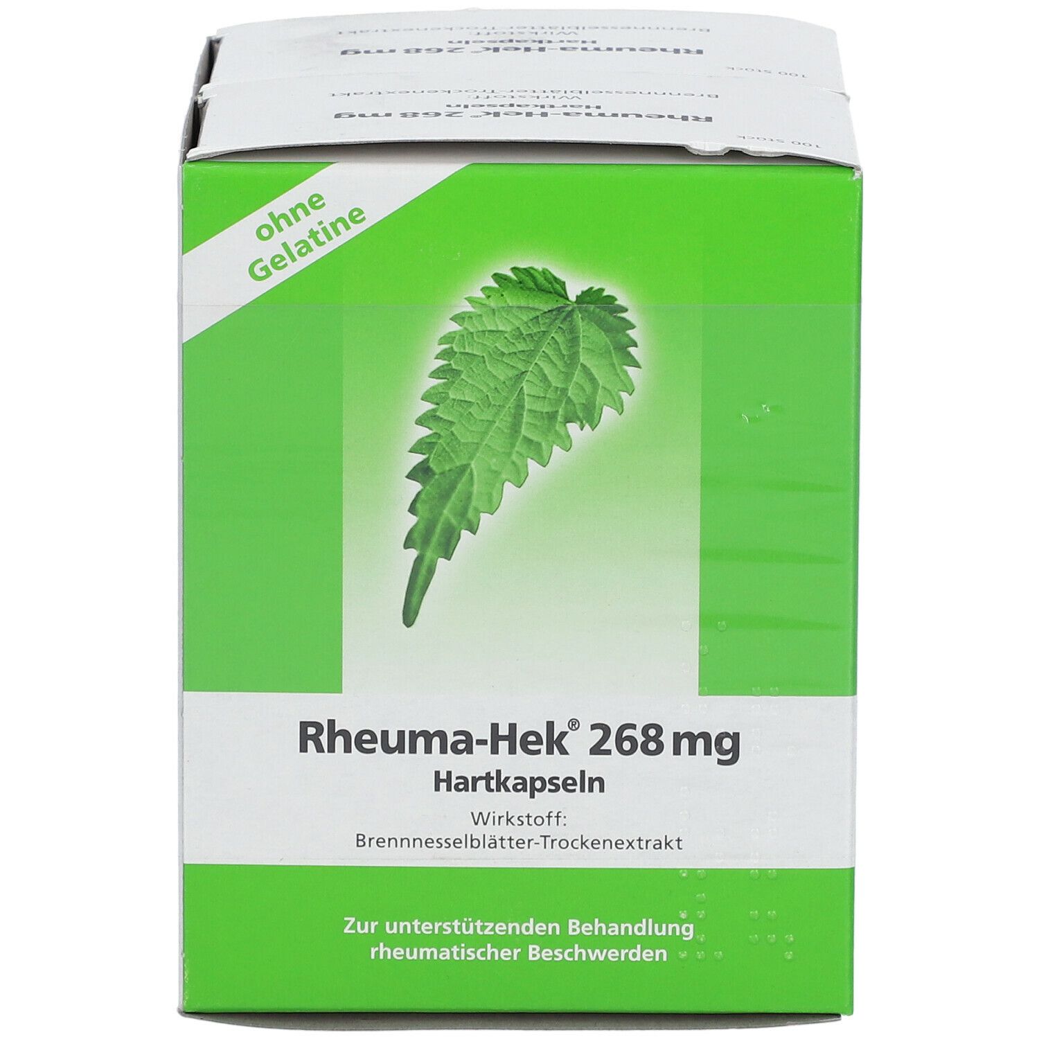 Rheuma-Hek® 268 mg Packung. Grün-weiße Schachtel mit Brennnessel-Blatt-Illustration. Text: ohne Gelatine, Wirkstoff, Behandlung rheumatischer Beschwerden.